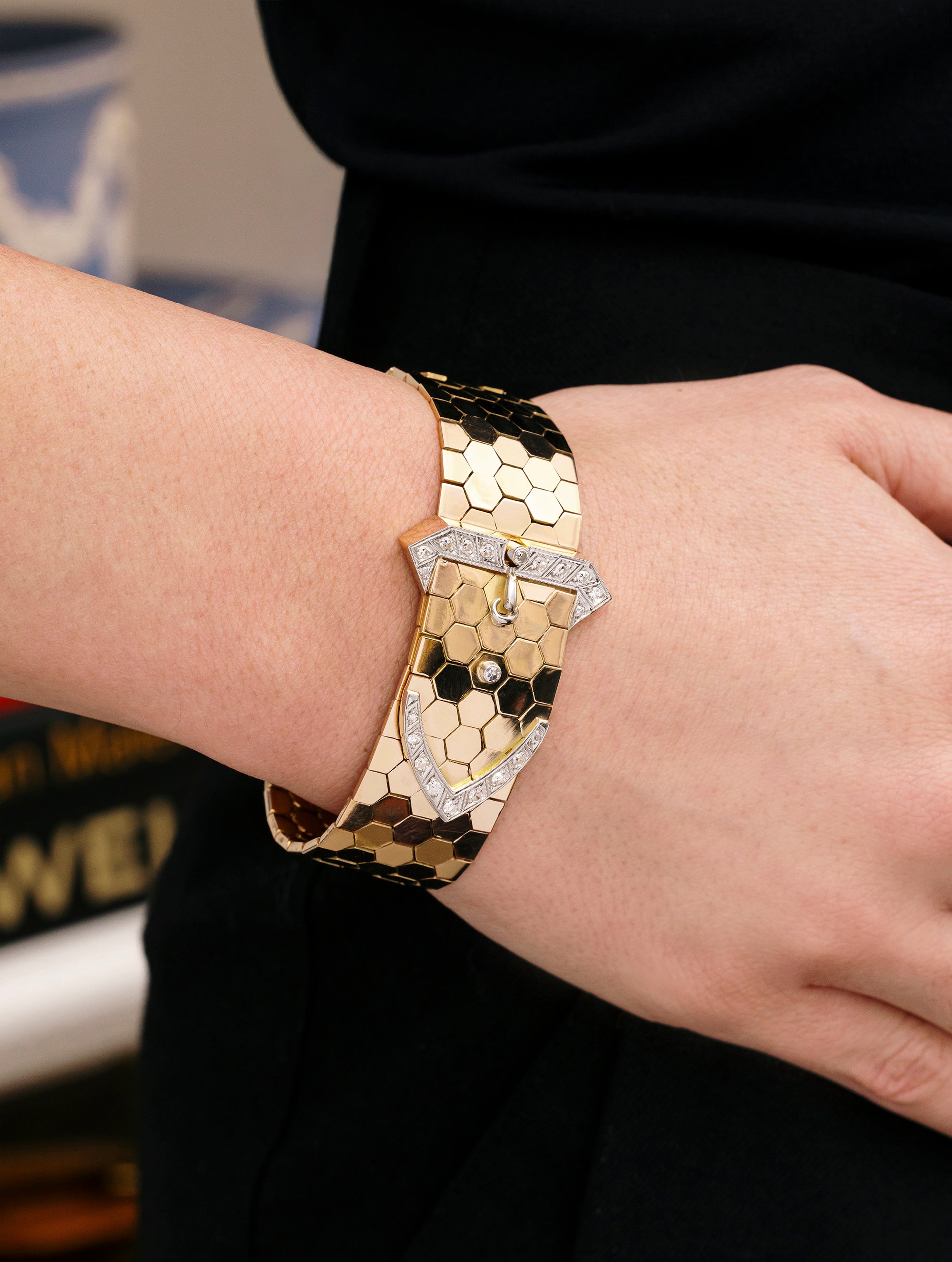 Vintage Honeycomb Diamond Buckle Bracelet, Circa 1940s