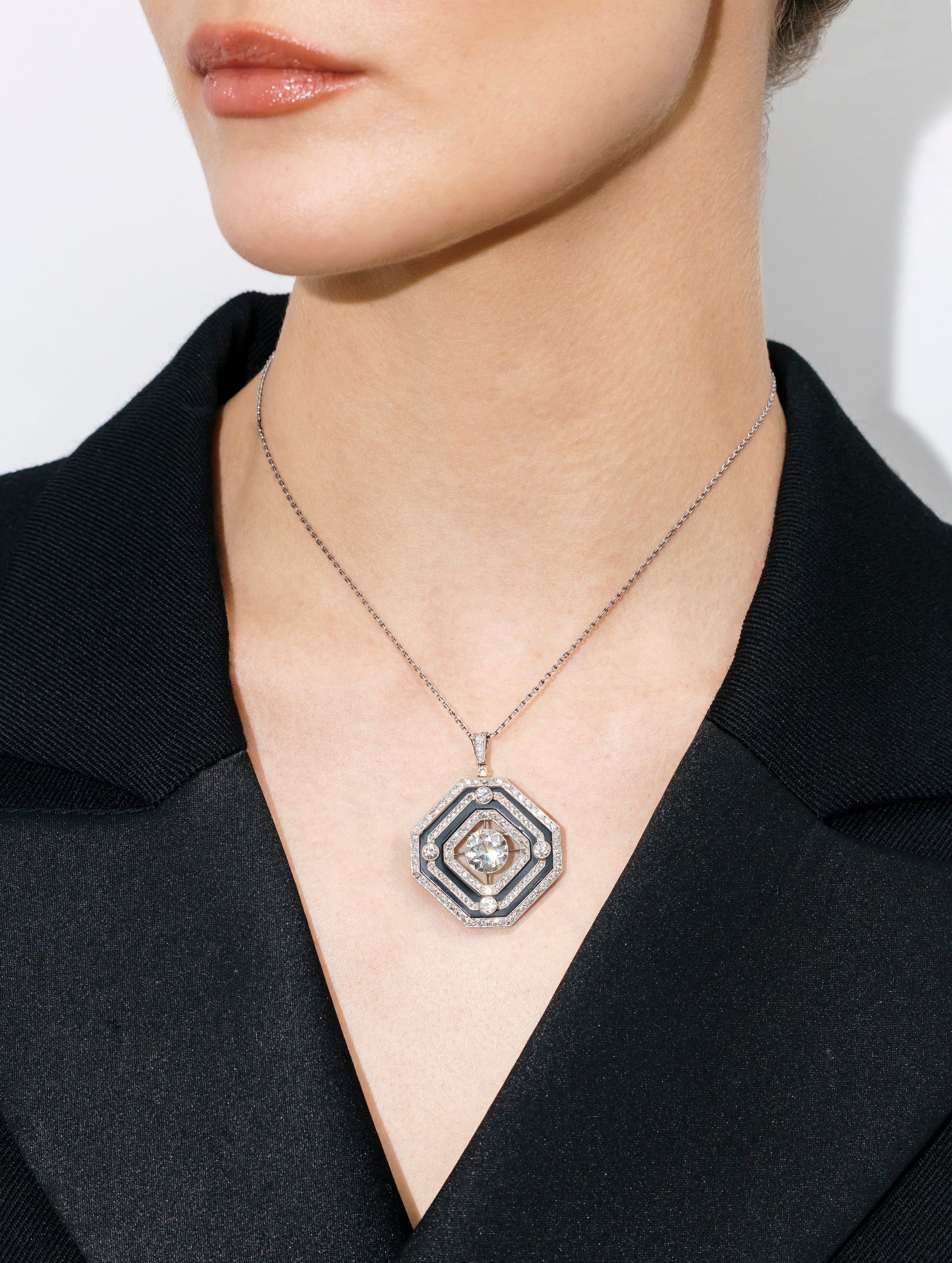 Antique Art Deco Diamond & Onyx Labyrinth Pendant/Brooch