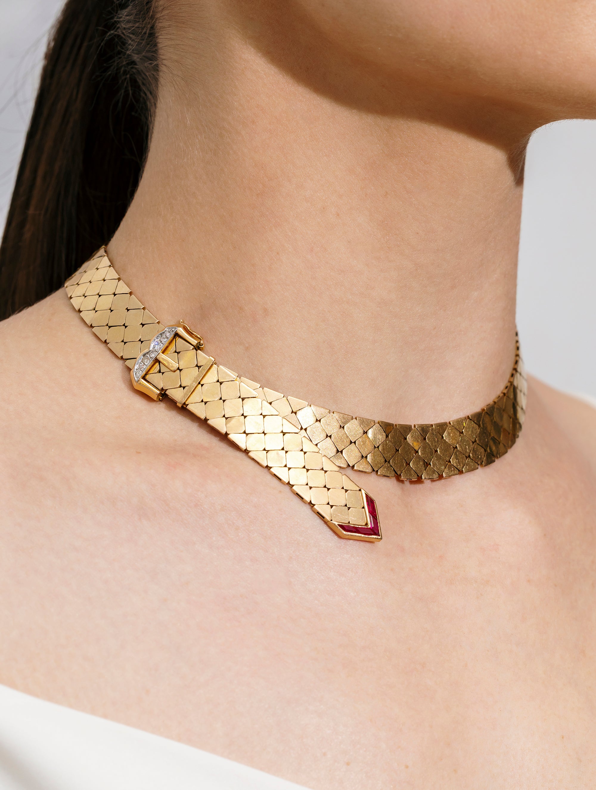 Retro Ruby & Diamond Buckle Collar, Circa 1940s