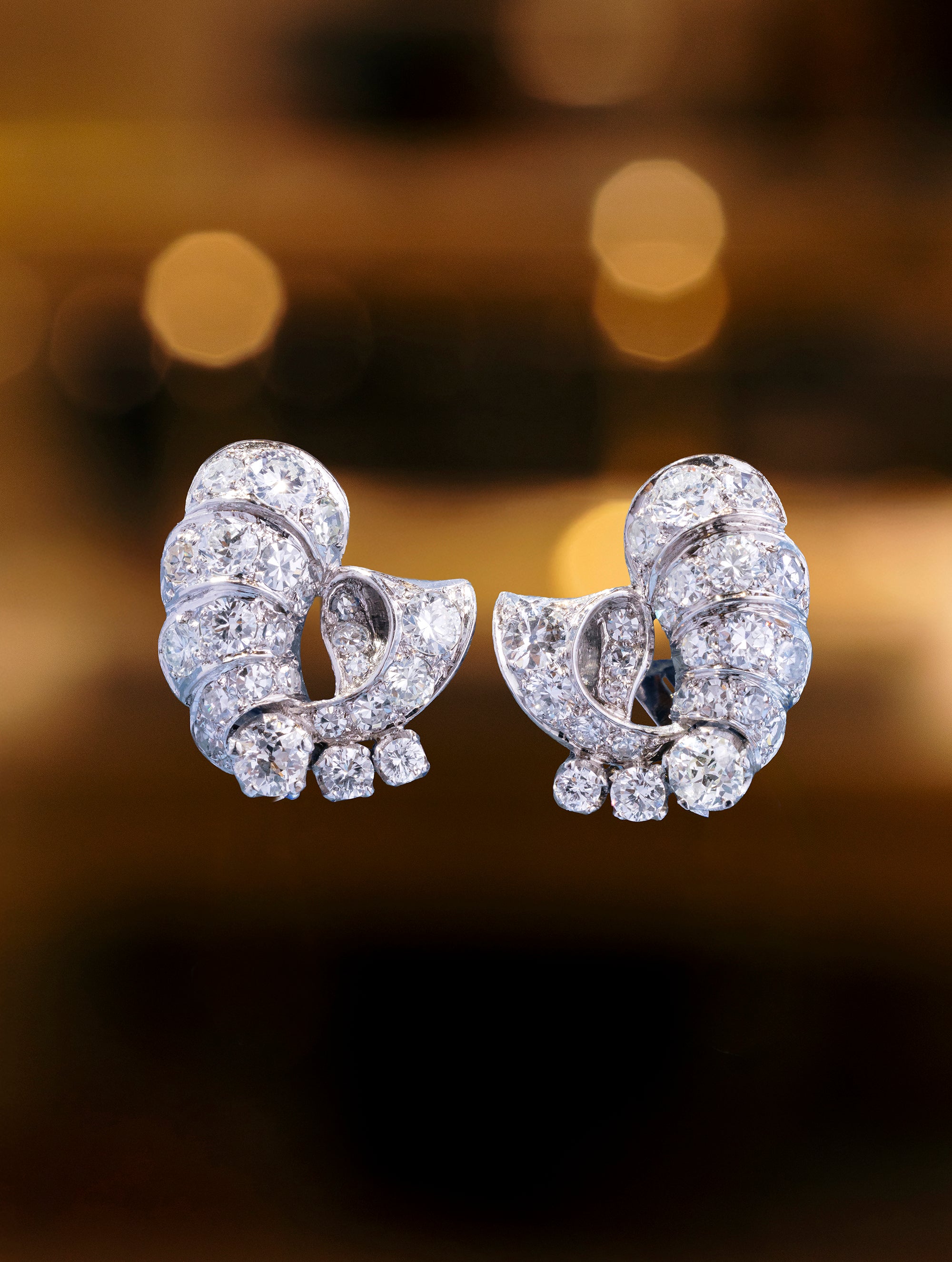 Vintage Diamond Cluster Swirl Earrings, Circa 1950s