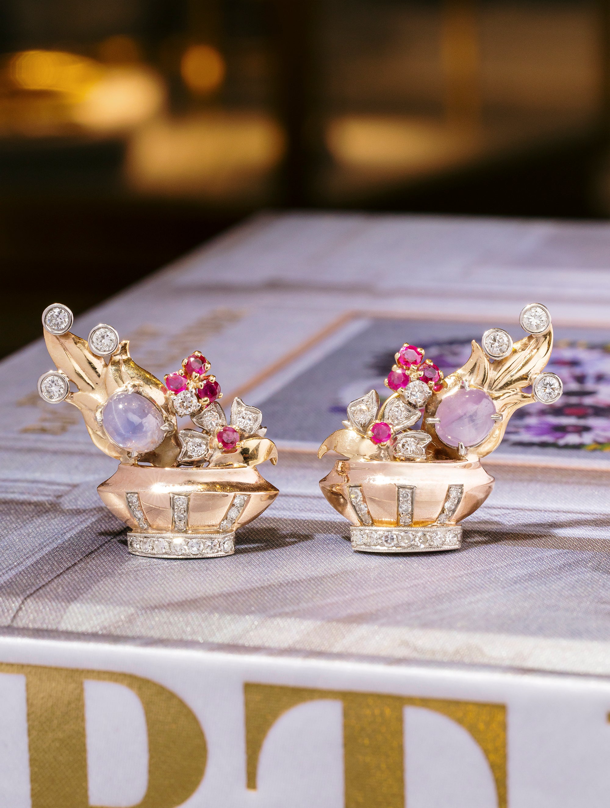 Vintage Star Sapphire, Ruby & Diamond Flowerpot Earrings, Circa 1950s