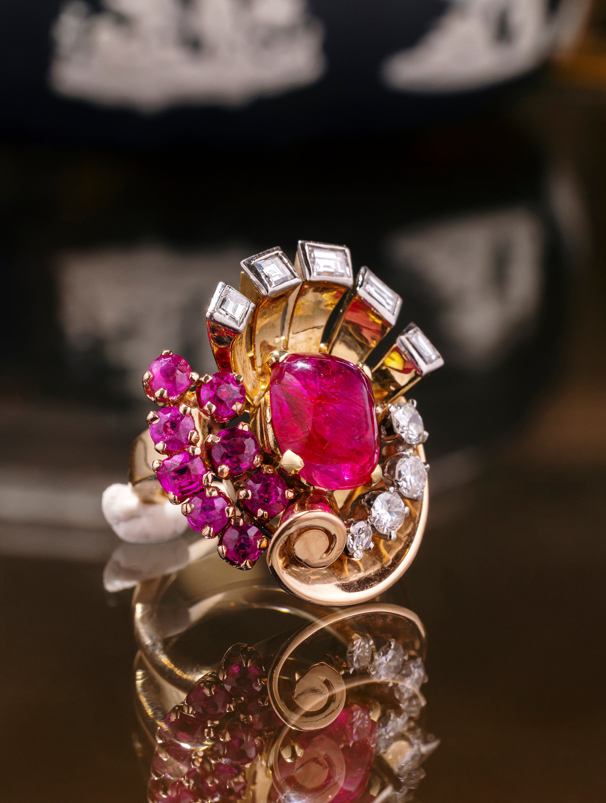 Retro Burmese Ruby & Diamond Firework Ring, Circa 1940s