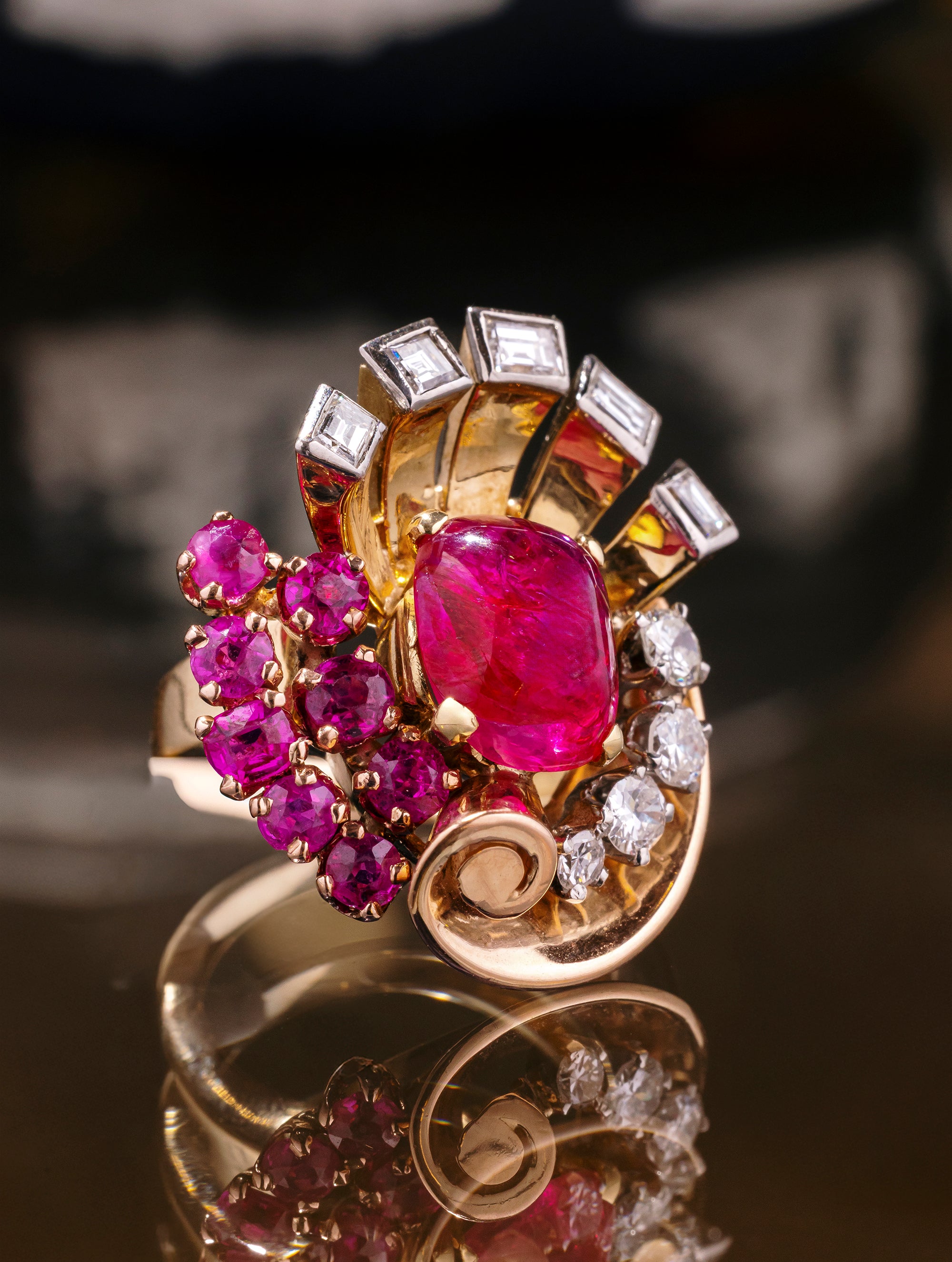 Retro Burmese Ruby & Diamond Cocktail Ring, Circa 1940s