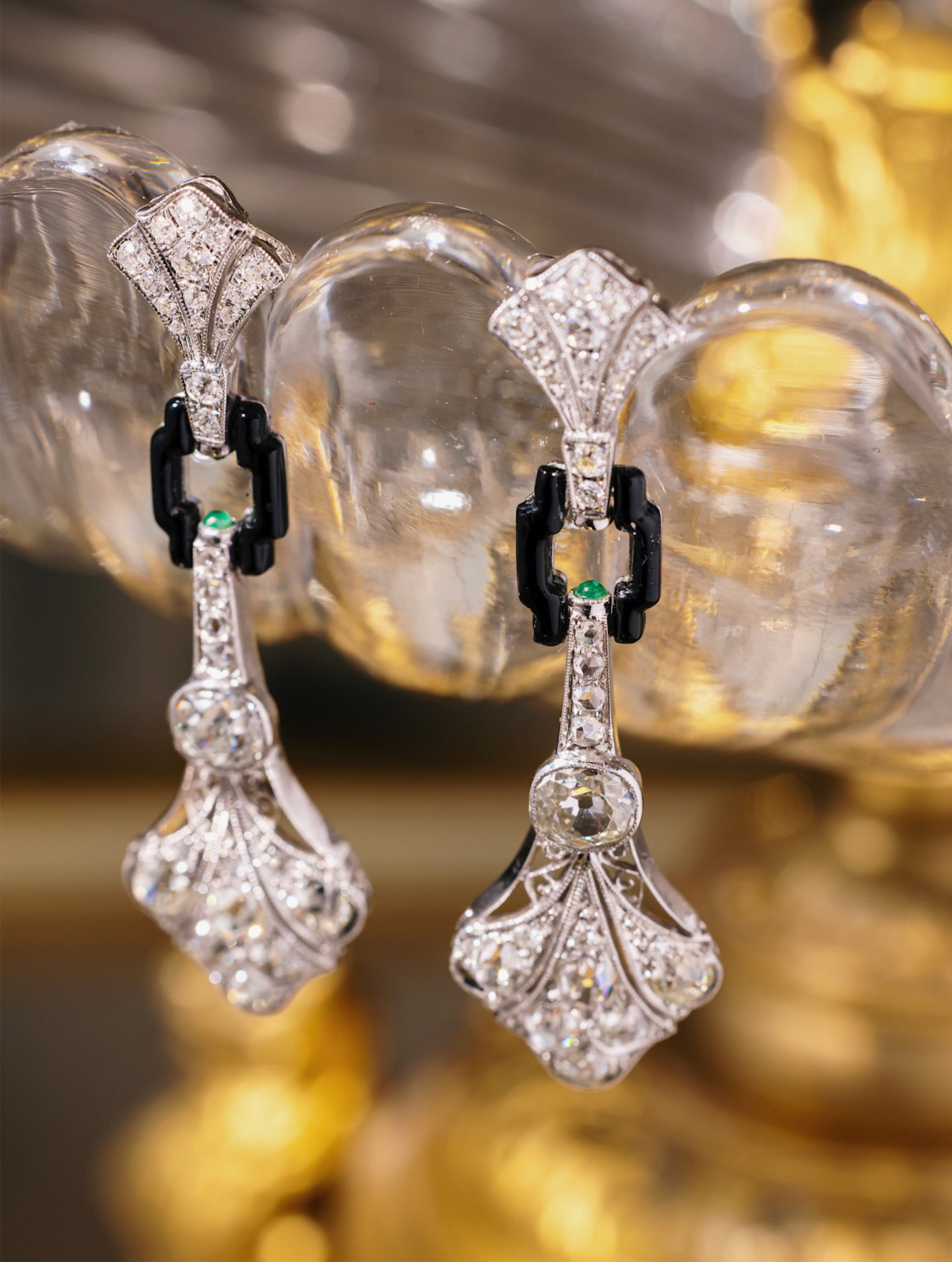Antique Diamond, Emerald, and Onyx Earrings