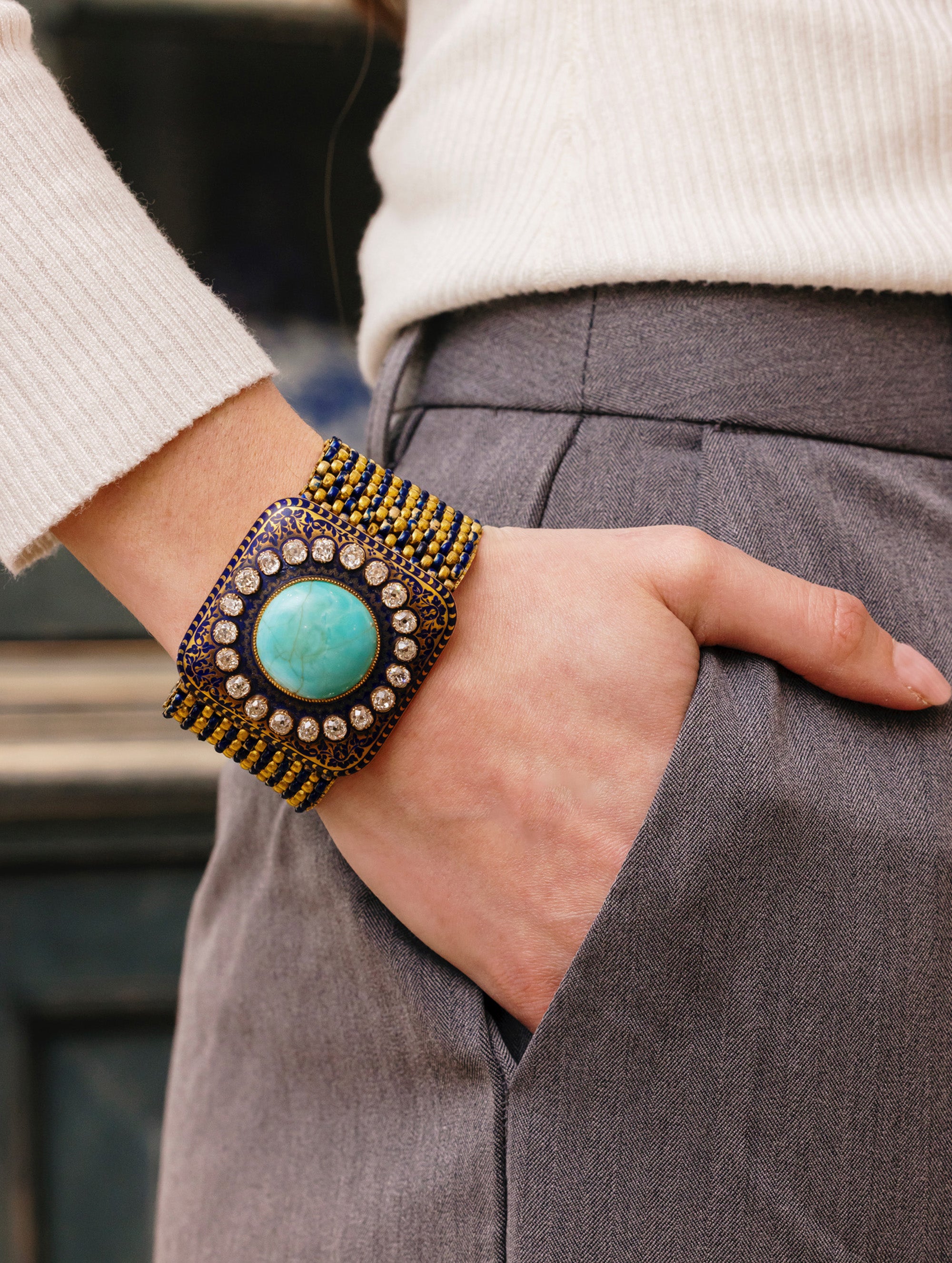Antique Turquoise Enamel & Diamond Georgian Cuff