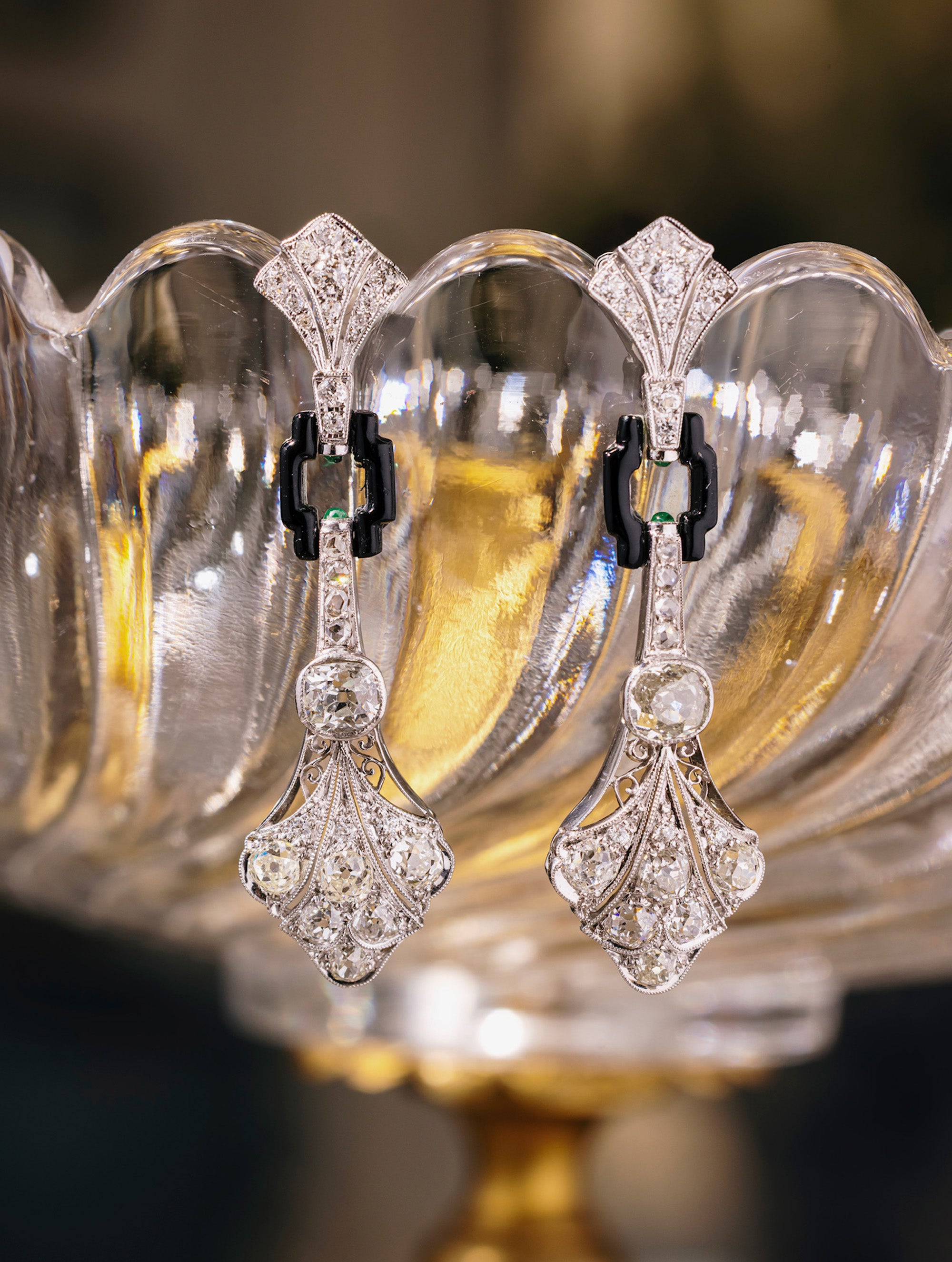 Antique Diamond, Emerald, and Onyx Earrings