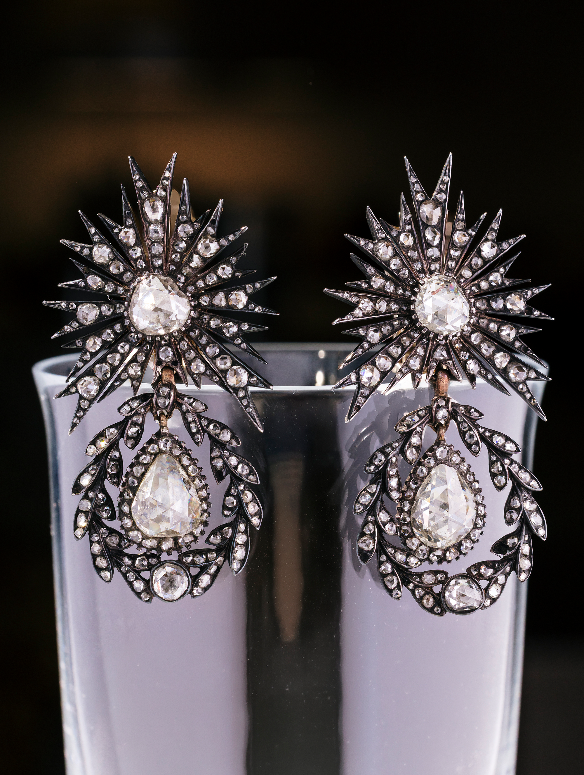 Important Late Georgian-Early Victorian Starburst Diamond Drop Earrings