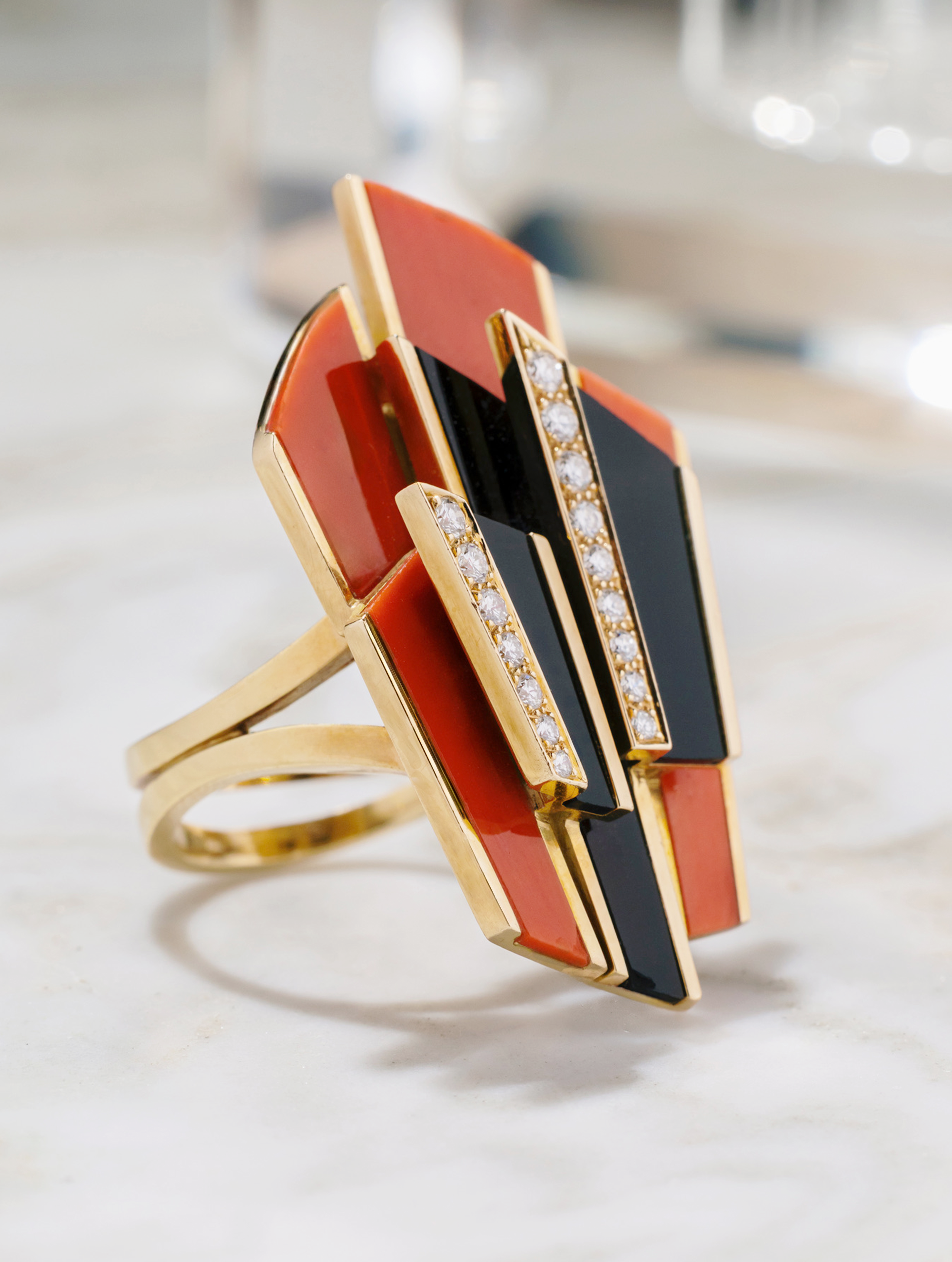 1960s Oversized Coral & Onyx Cocktail Ring
