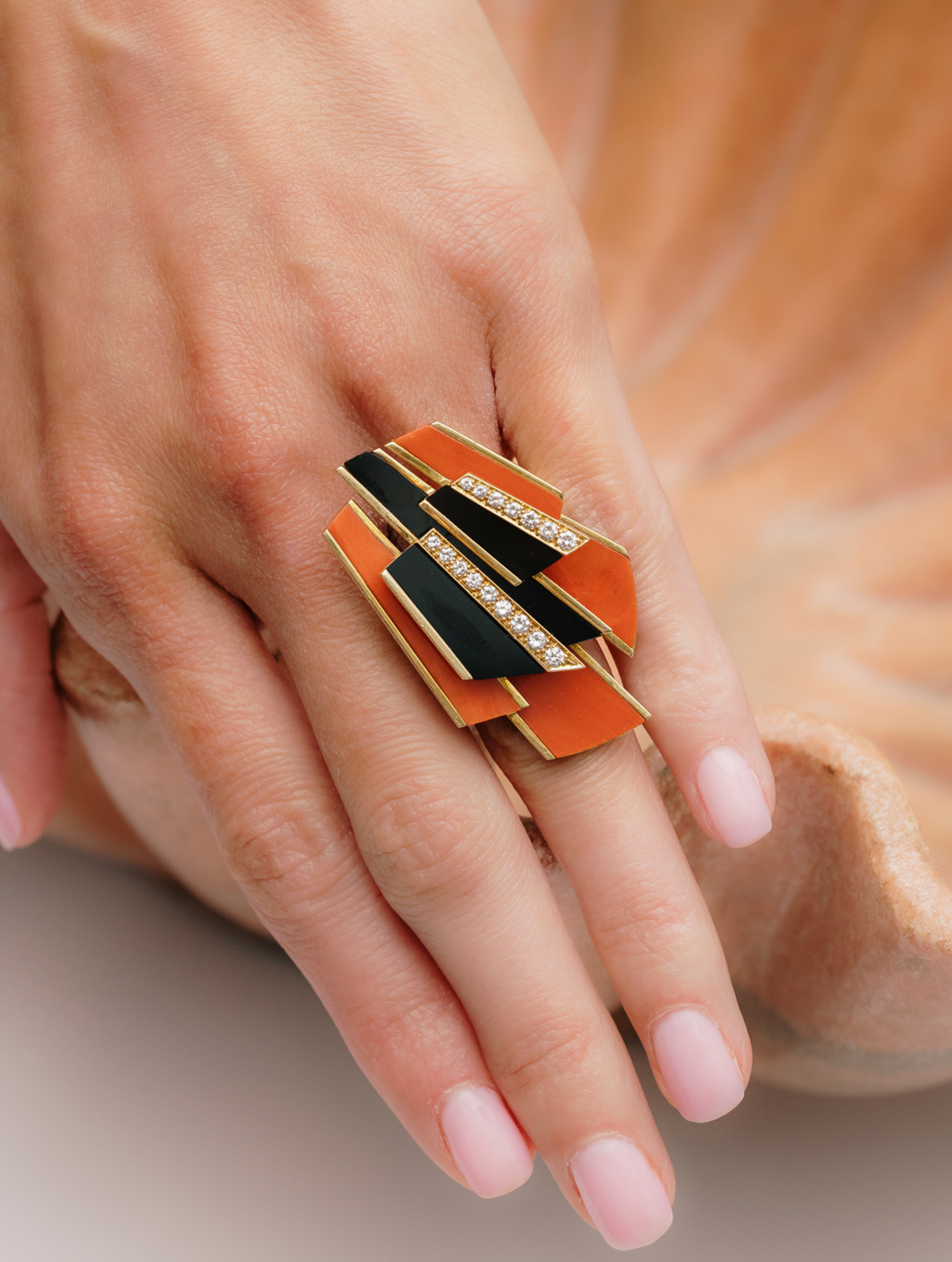 1960s Oversized Coral & Onyx Cocktail Ring