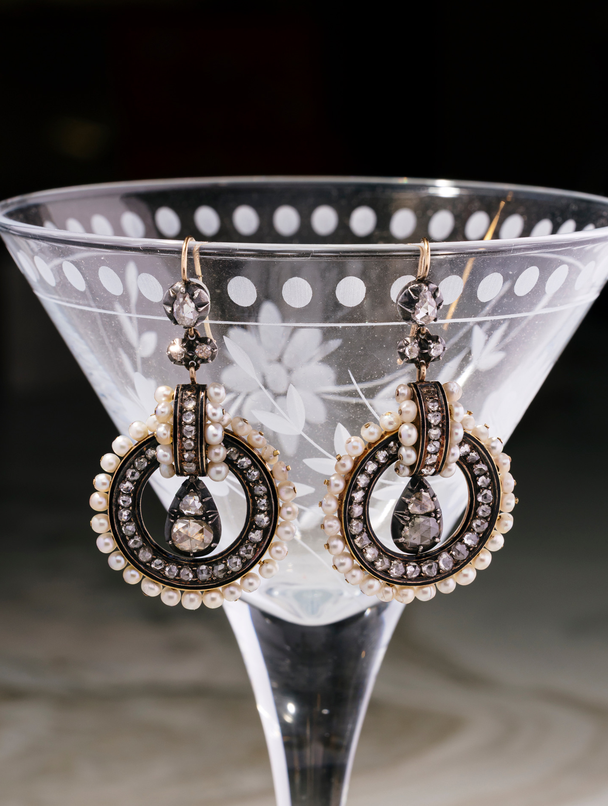 Antique Victorian Diamond, Pearl & Black Enamel Earrings, circa 1850