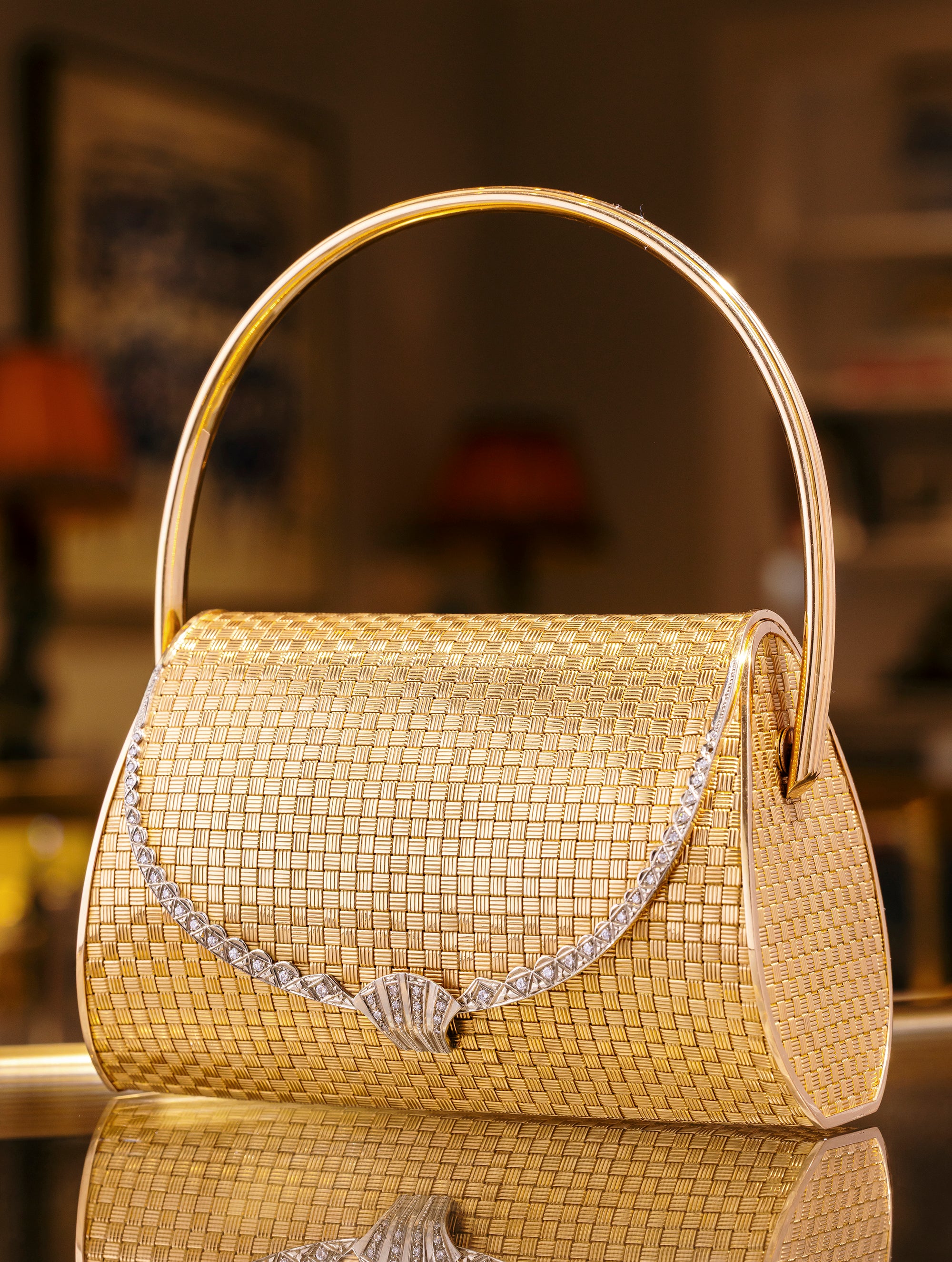 18 Karat Yellow Gold, Platinum & Diamond Evening Bag, Circa 1950s