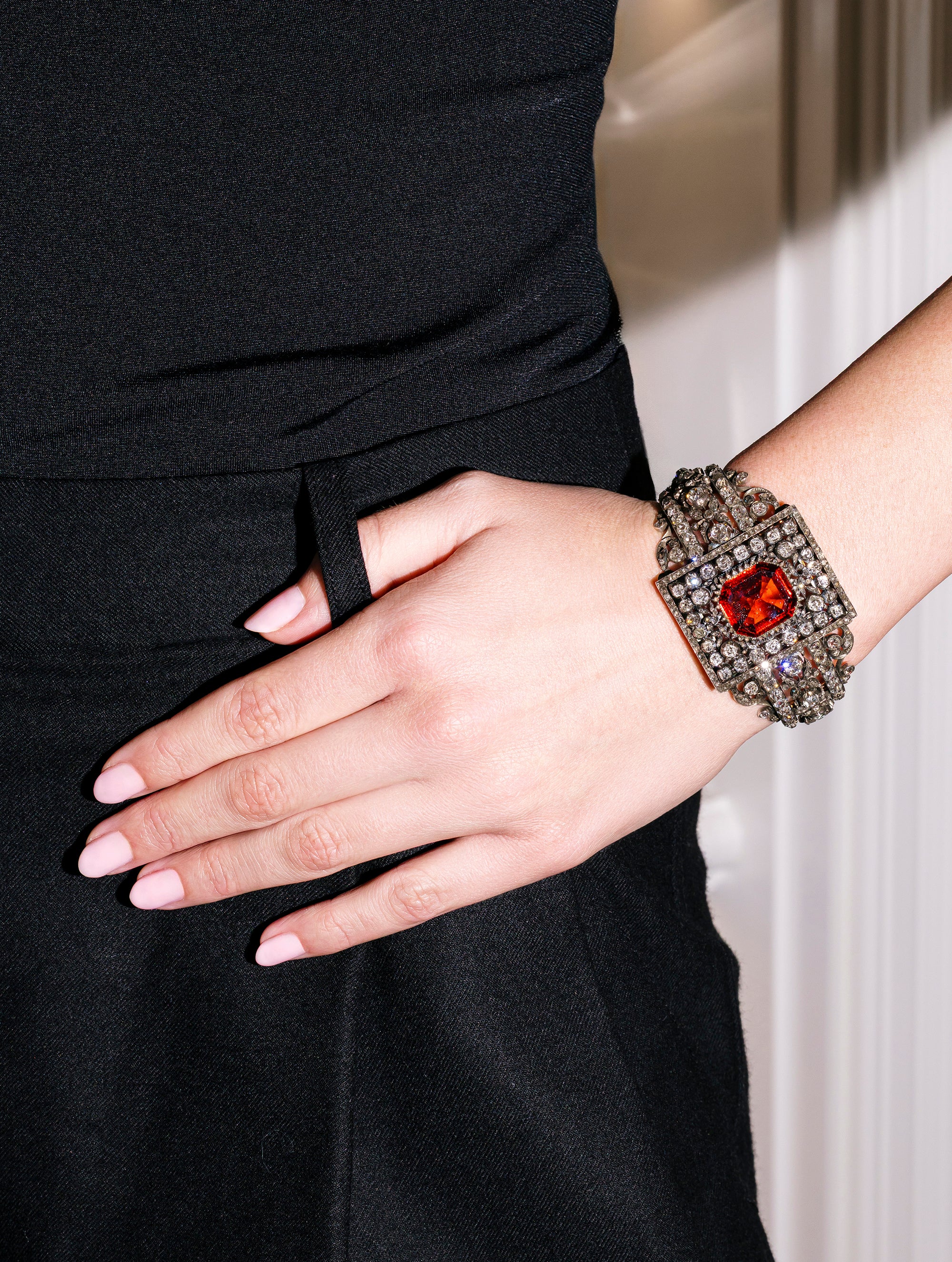 Antique Victorian Diamond & Hessonite Garnet Cuff