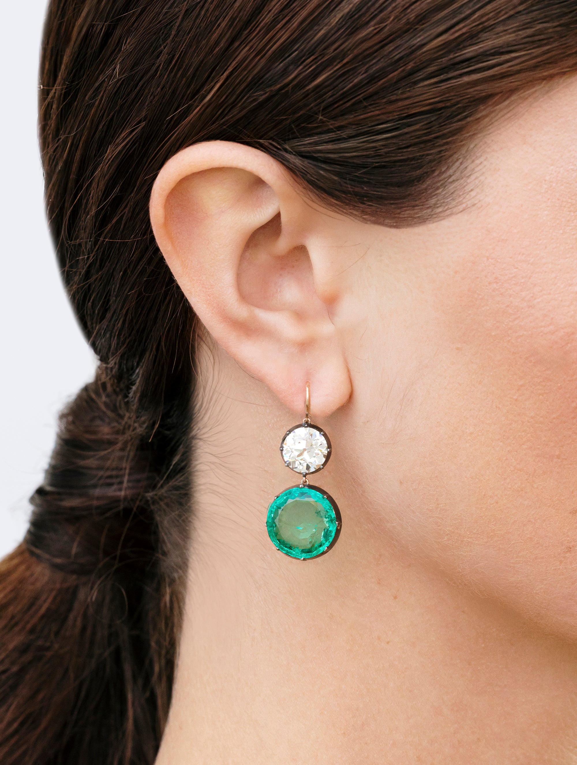 Emerald & Antique Old European Cut
Diamond Drop Earrings