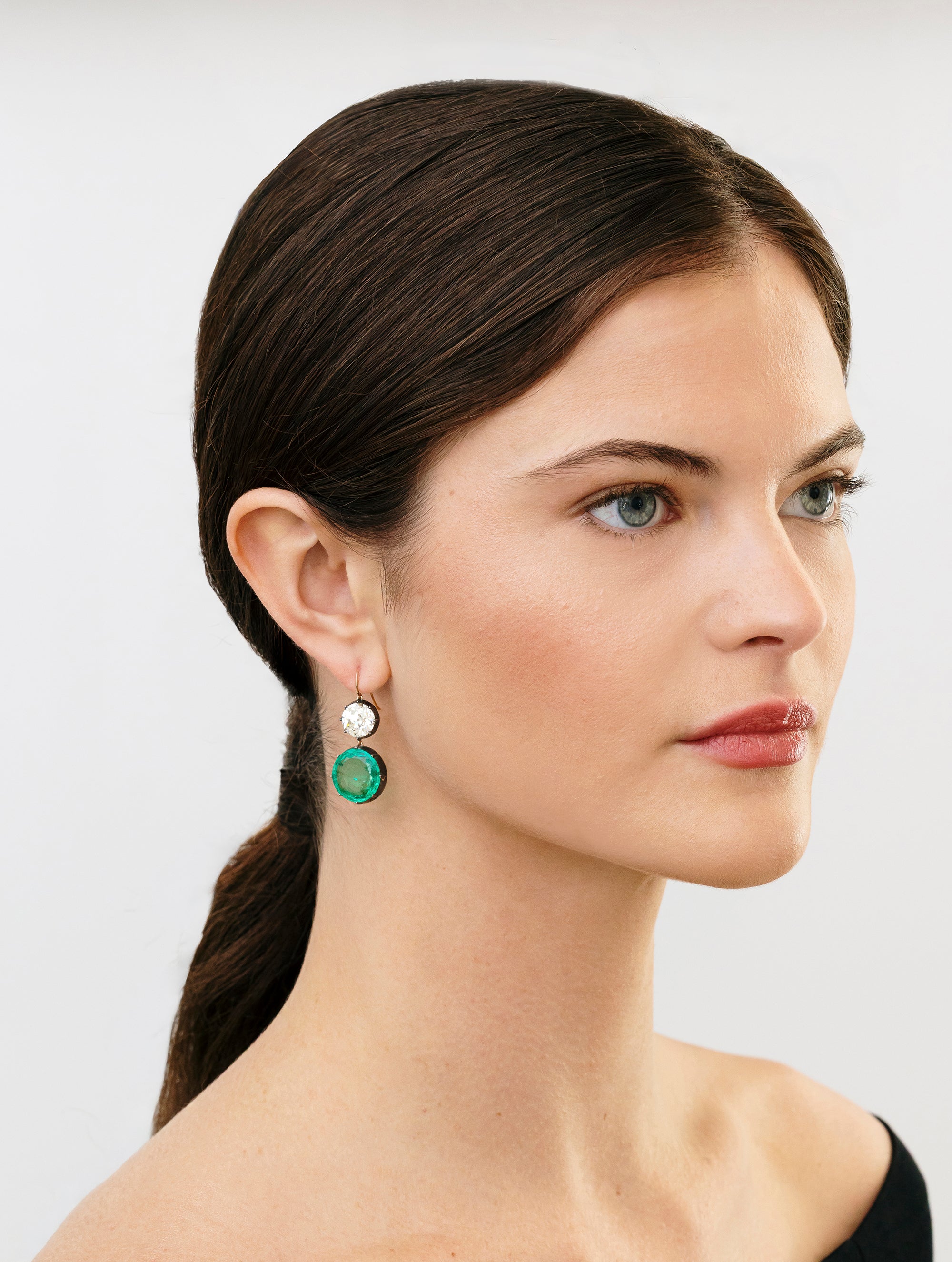 Emerald & Antique Old European Cut
Diamond Drop Earrings