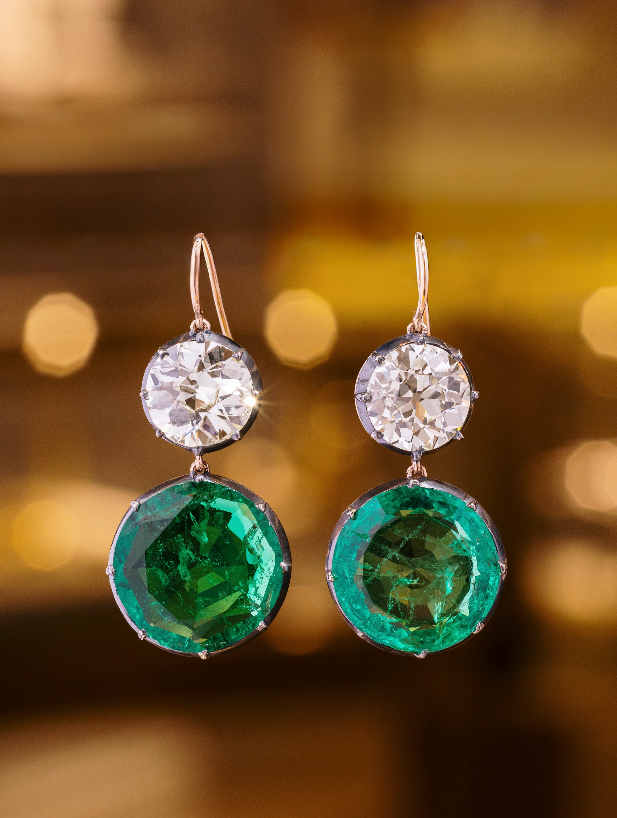 Emerald & Antique Old European Cut
Diamond Drop Earrings