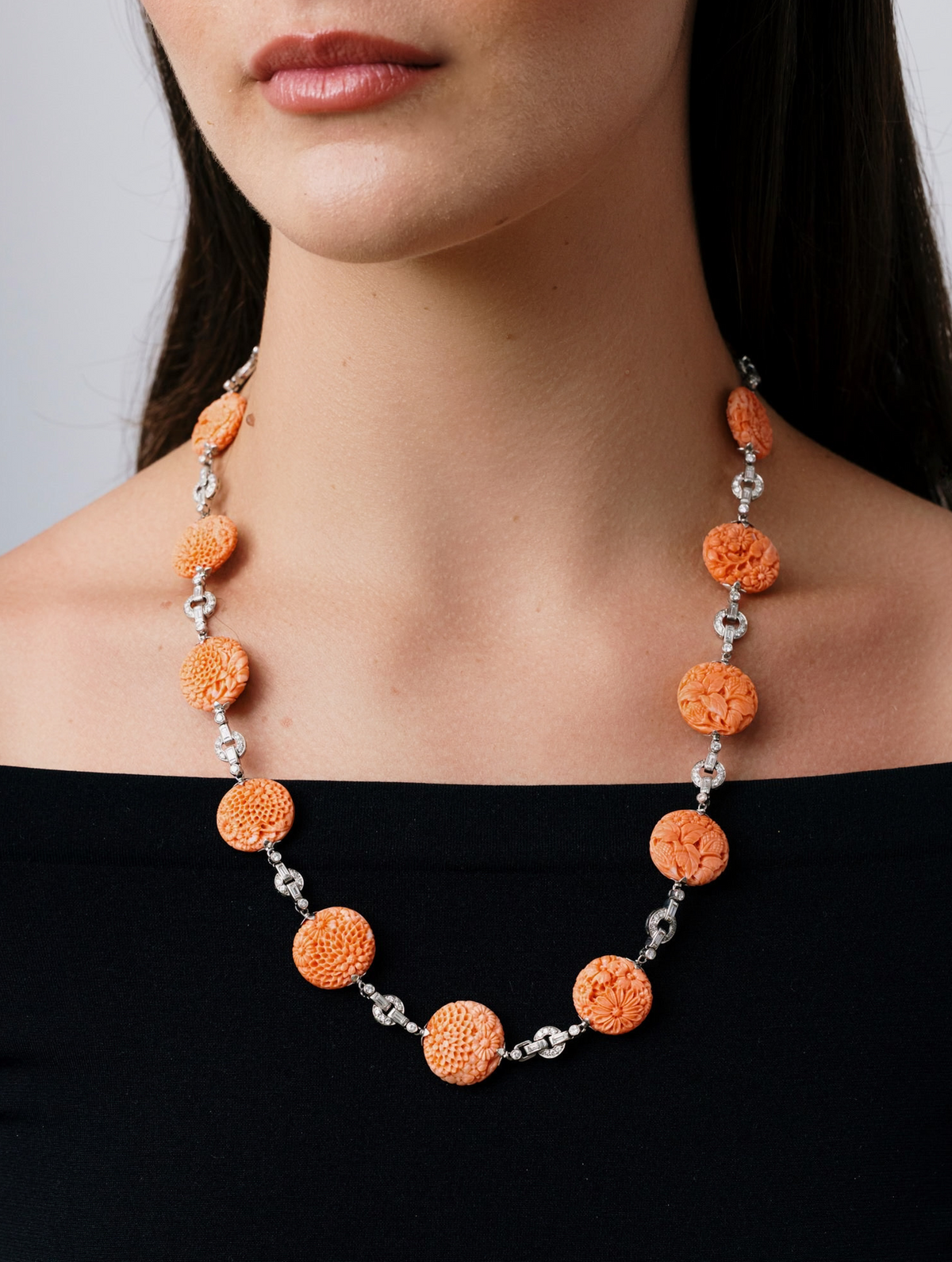 Art Deco Carved Coral & Diamond Transformable Necklace/Bracelet Sauitoir