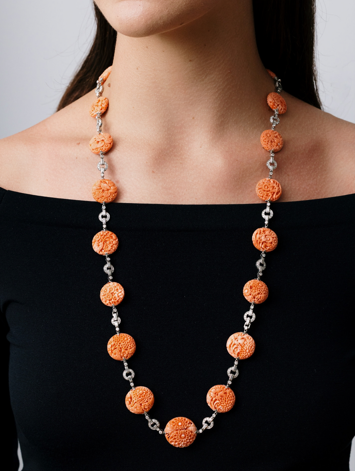 Art Deco Carved Coral & Diamond Transformable Necklace/Bracelet Sauitoir