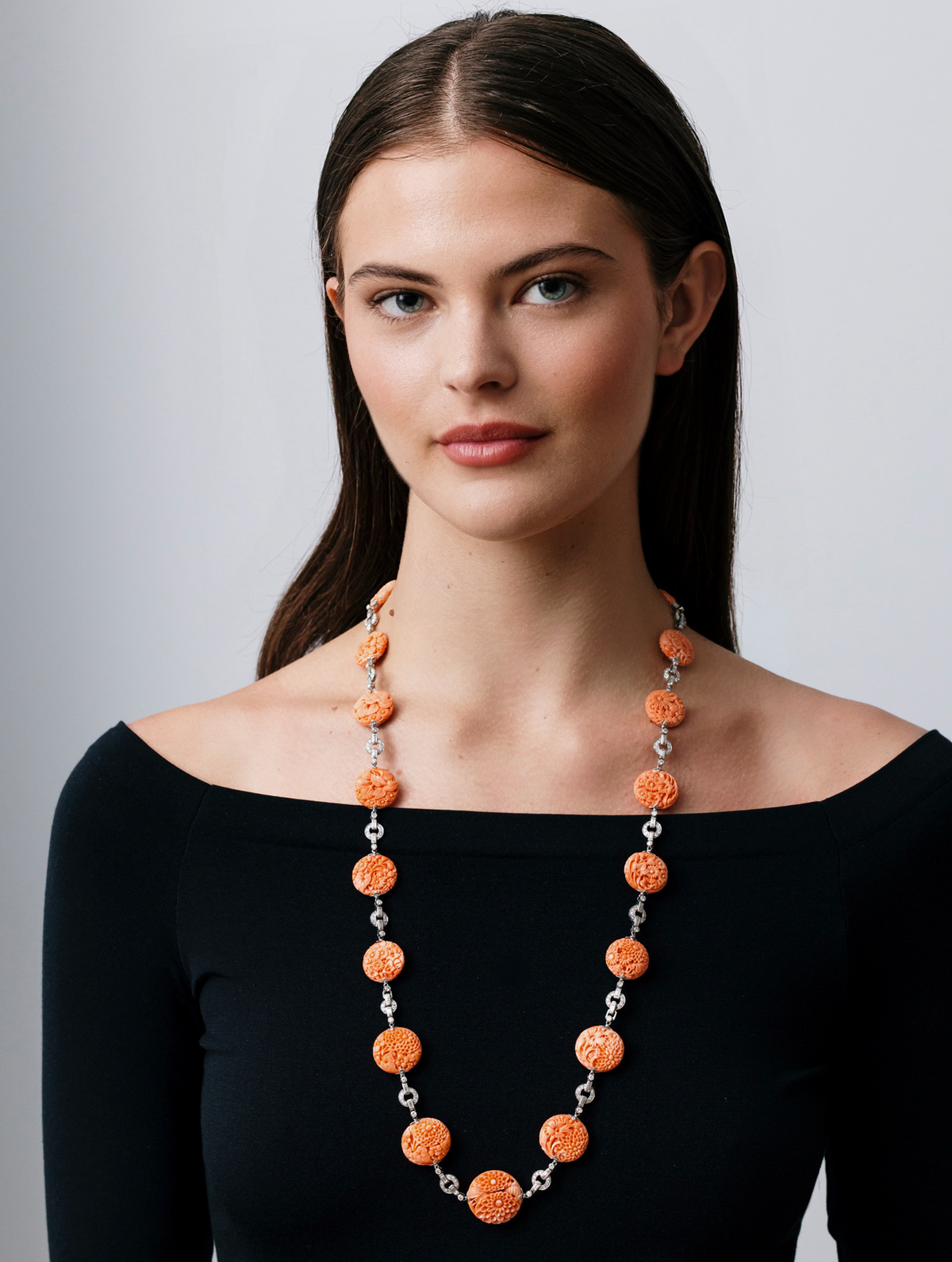 Art Deco Carved Coral & Diamond Transformable Necklace/Bracelet Sauitoir