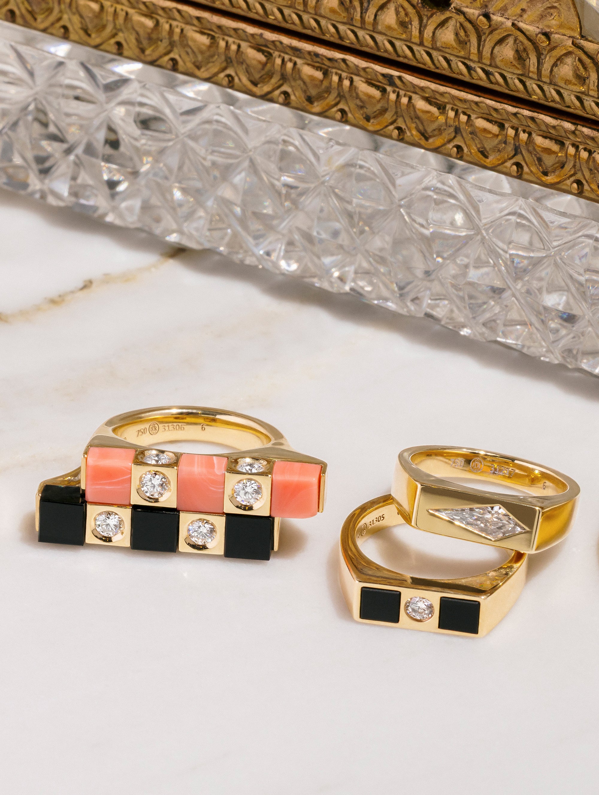 Carousel Onyx, Coral & Diamond Cocktail Ring