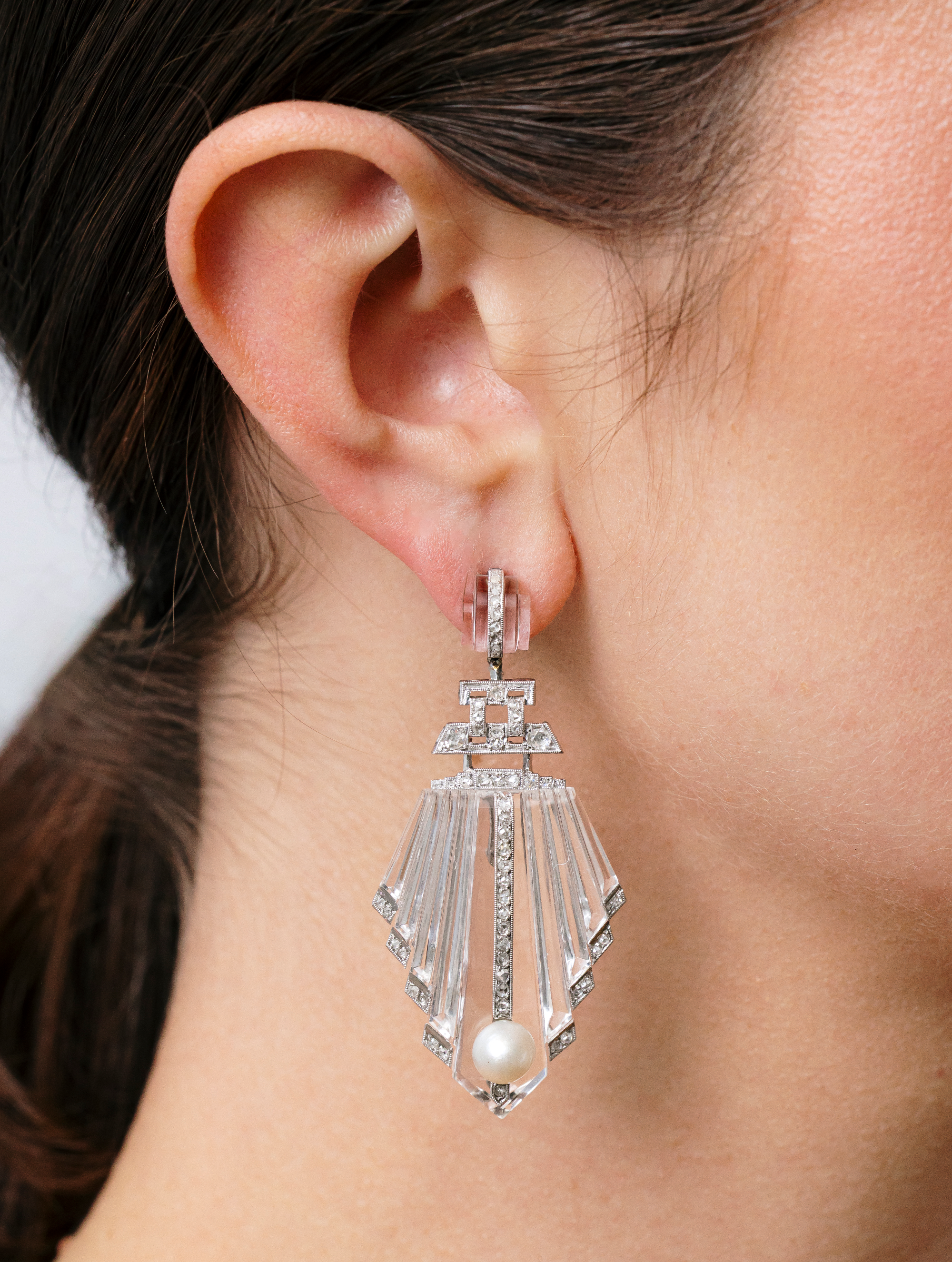 Art Deco Rock Crystal & Diamond Drop Earrings, Circa 1920s