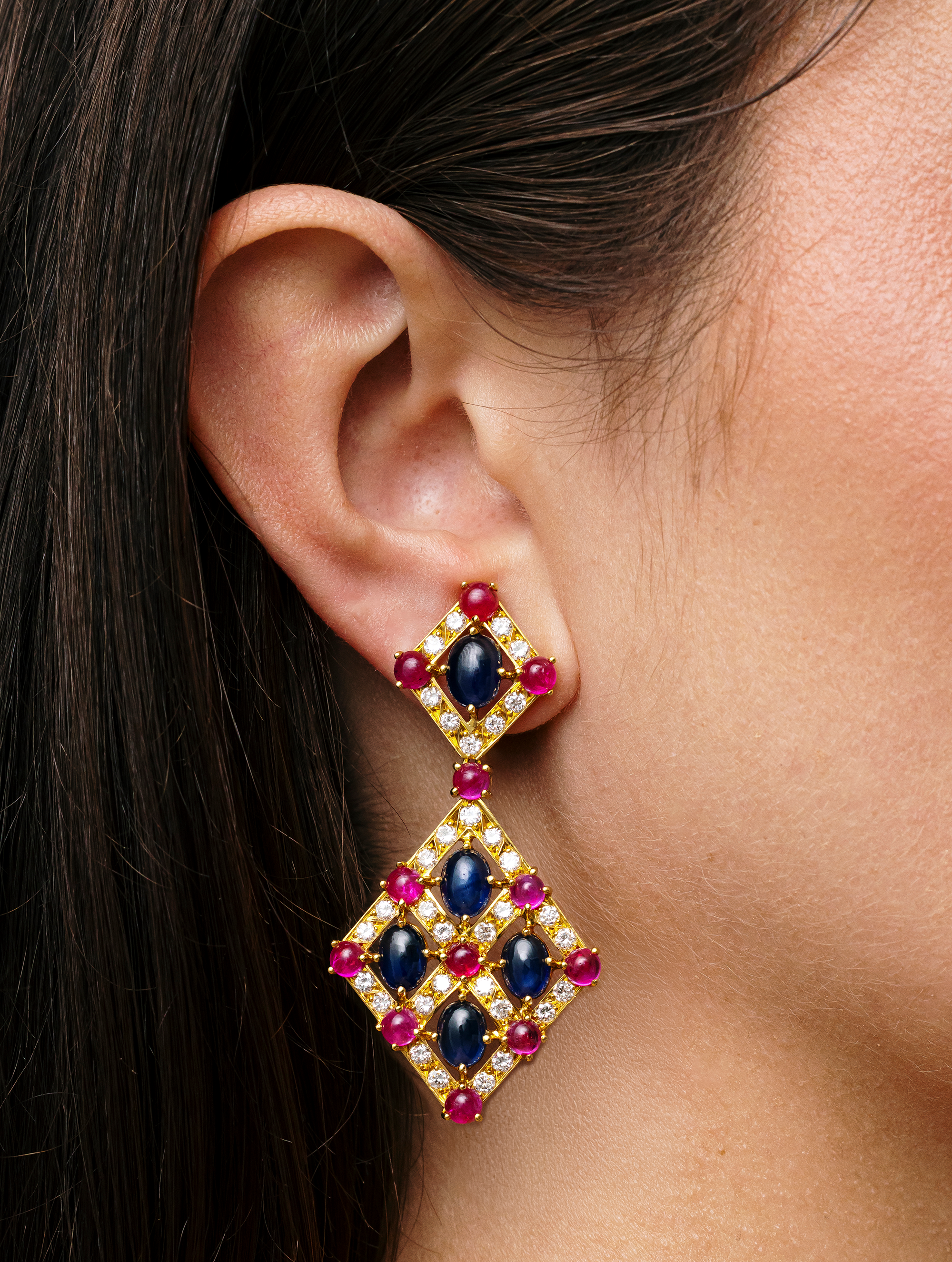 Vintage Ruby, Sapphire & Diamond Chandelier Earrings