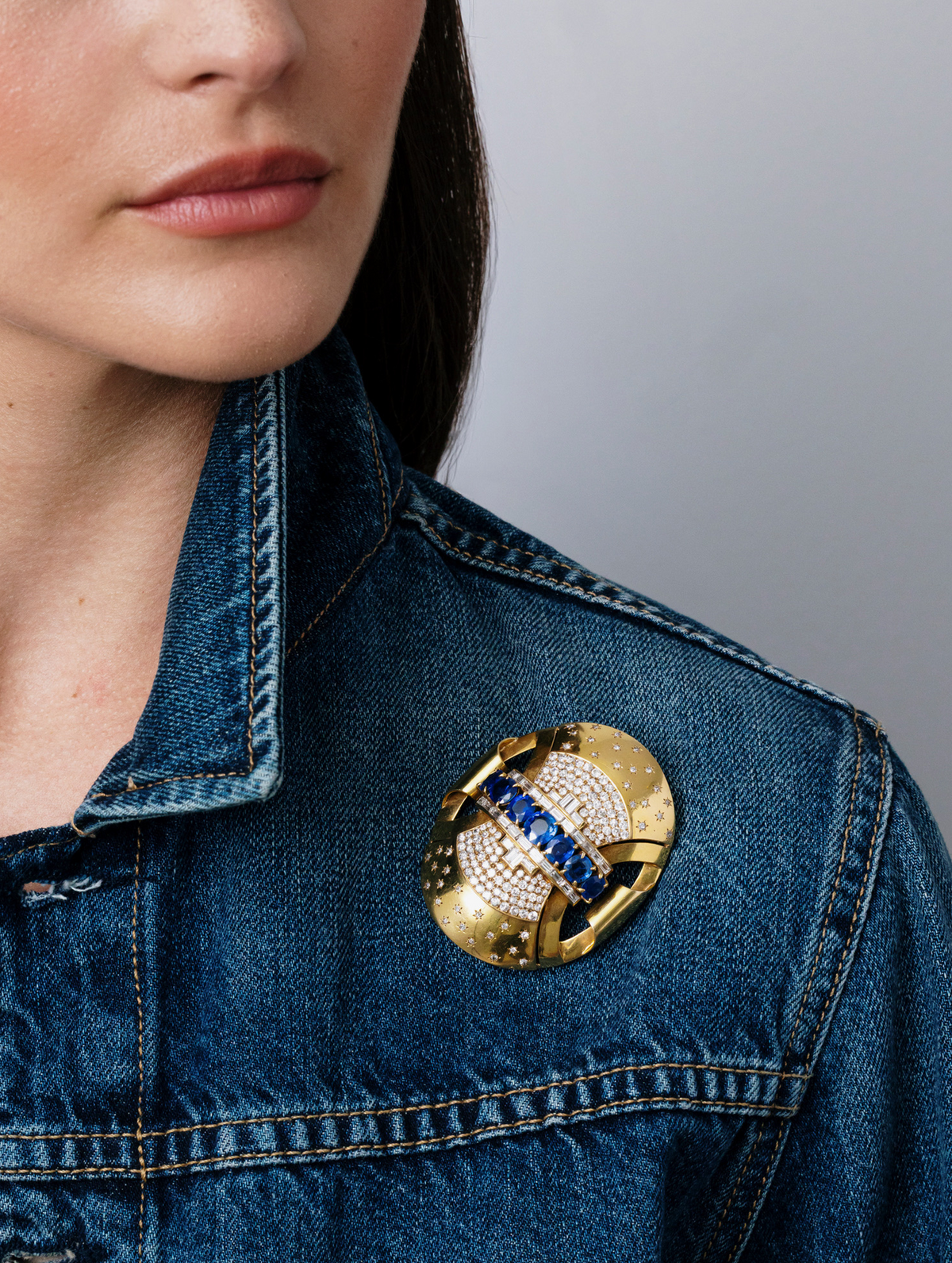 Retro Sapphire and Diamond Shield Brooch/Pendant