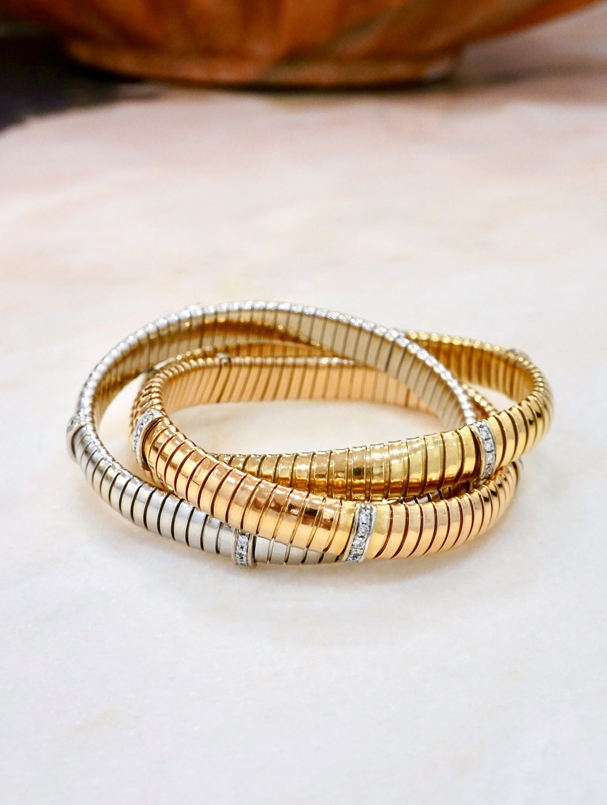 Vintage Tri-Color Gold & Diamond Tubogas Bangles