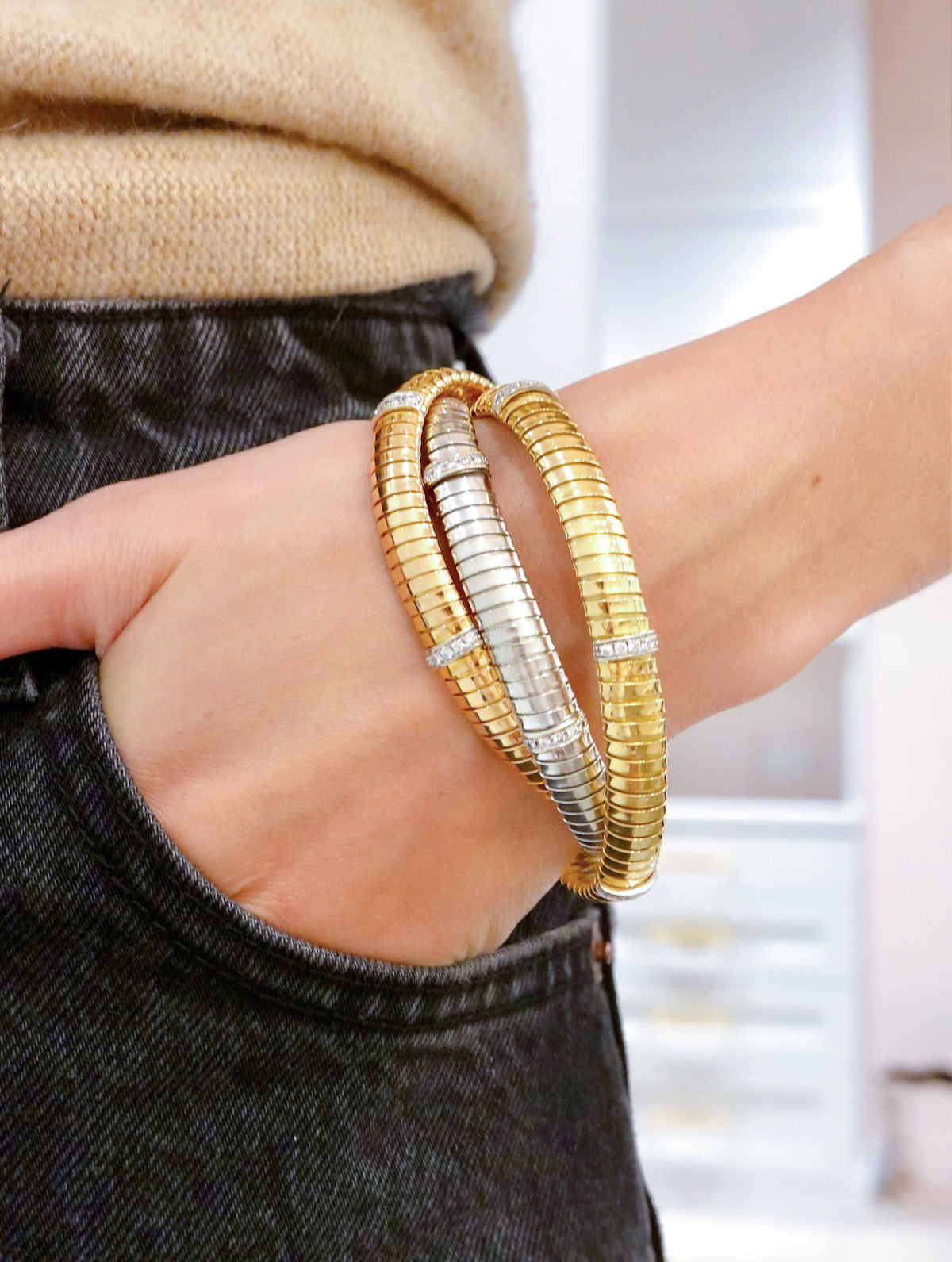 Vintage Tri-Color Gold & Diamond Tubogas Bangles