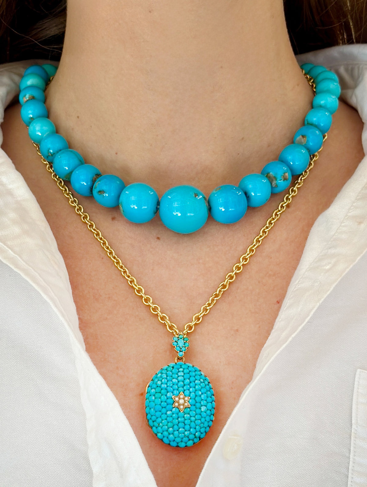 Antique Victorian Natural Turquoise & Pearl Locket, circa 1880s