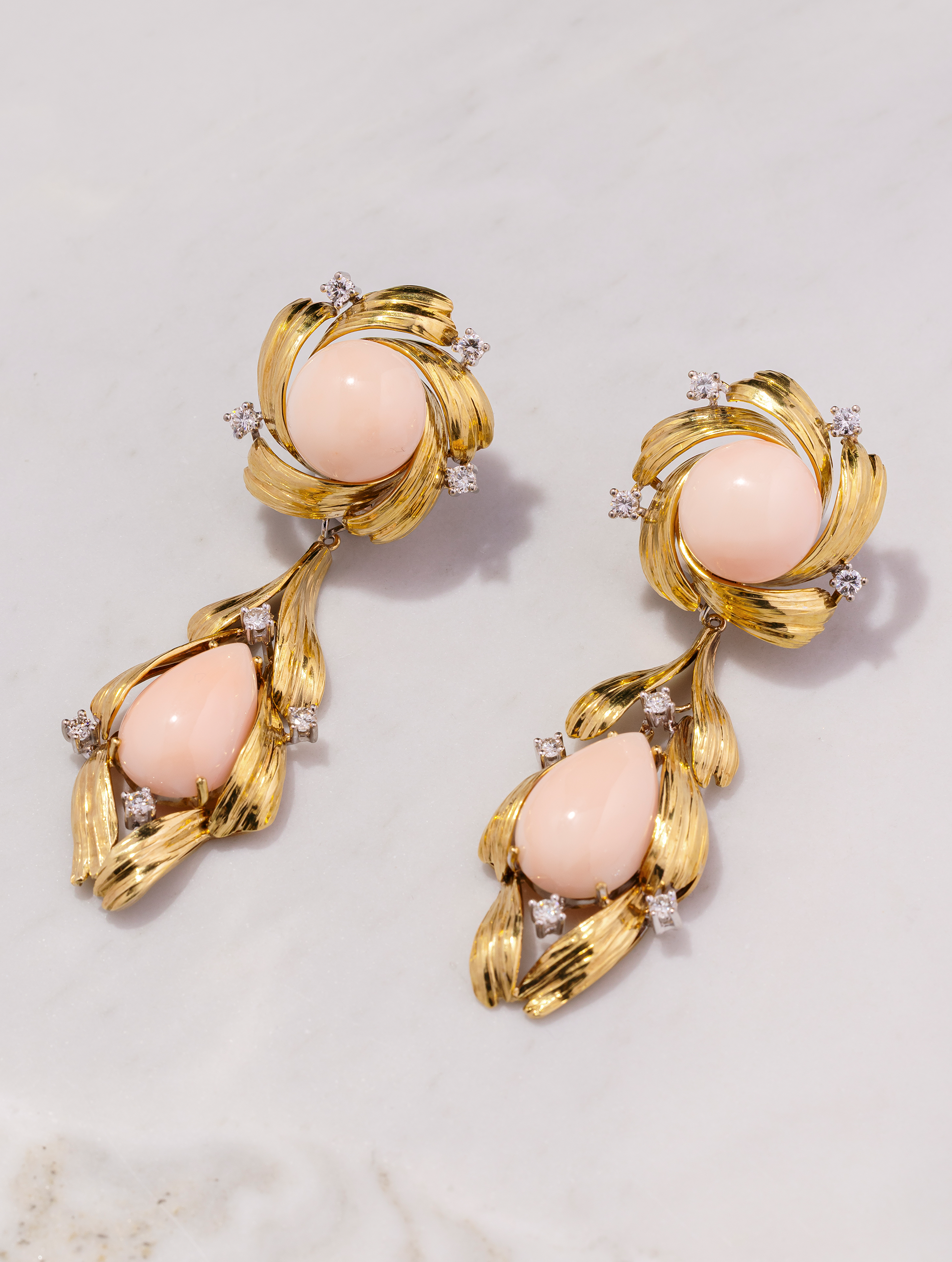 Vintage Angel Skin Coral & Diamond Transformable Earrings, Circa 1960s-1970s