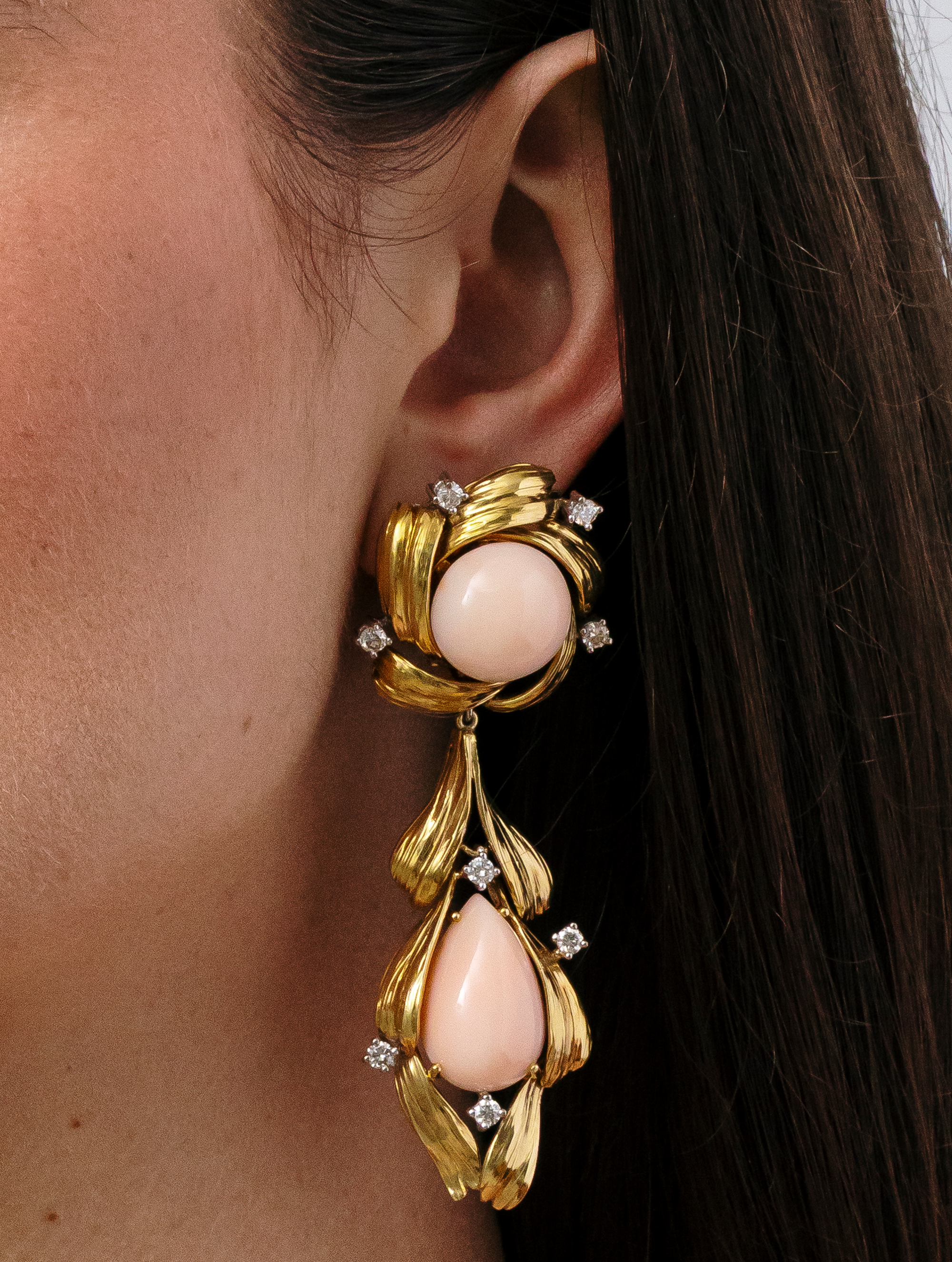 Vintage Angel Skin Coral & Diamond Transformable Earrings, Circa 1960s-1970s