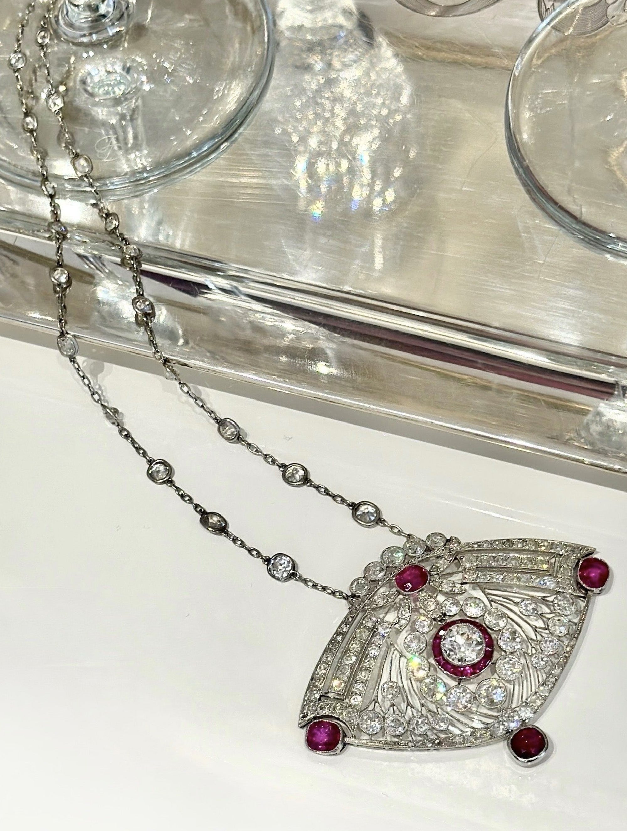 Art Deco Openwork Ruby & Diamond Pendant Necklace, Circa 1920