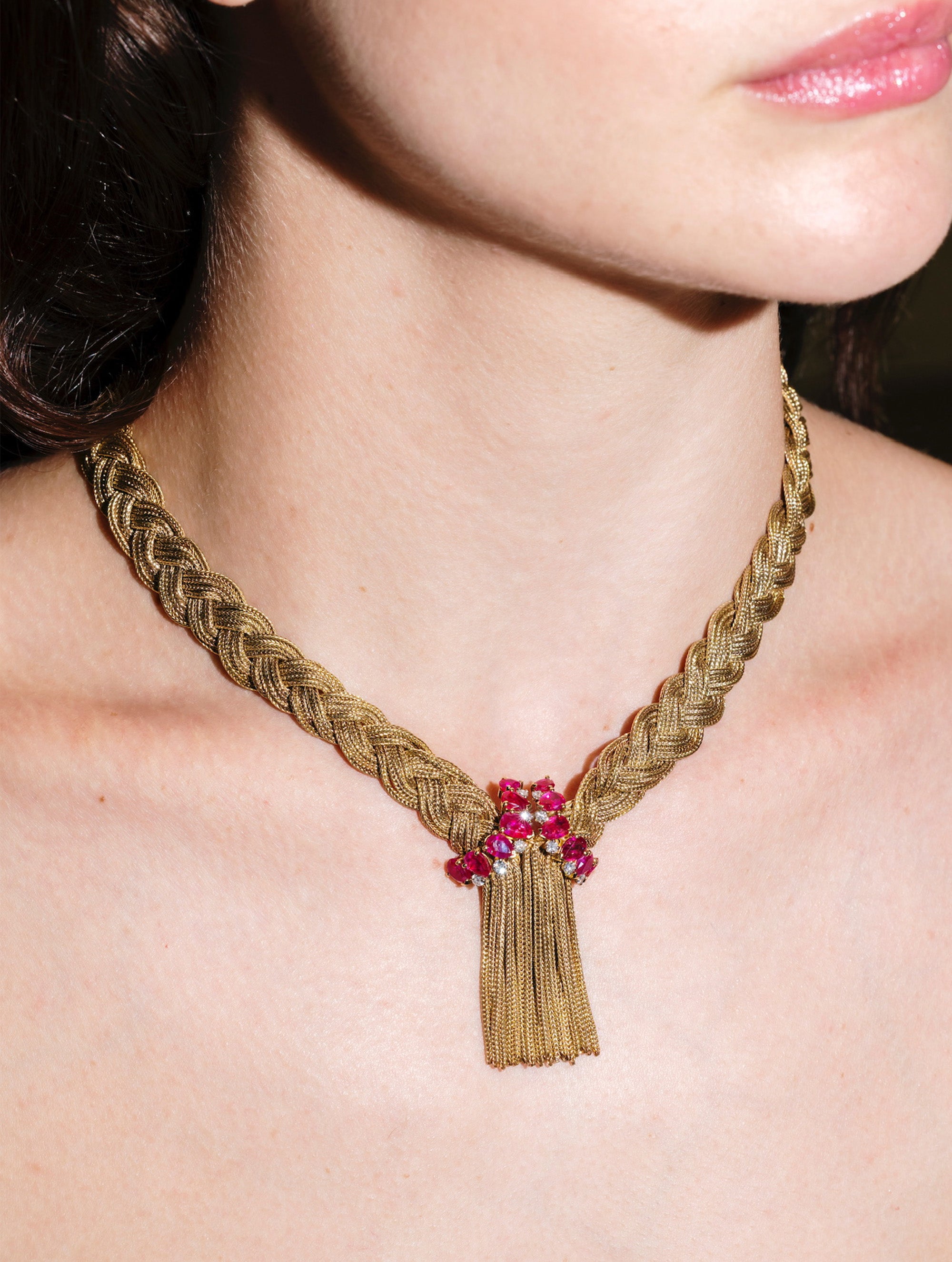 Vintage French Gold & Ruby Braided Necklace