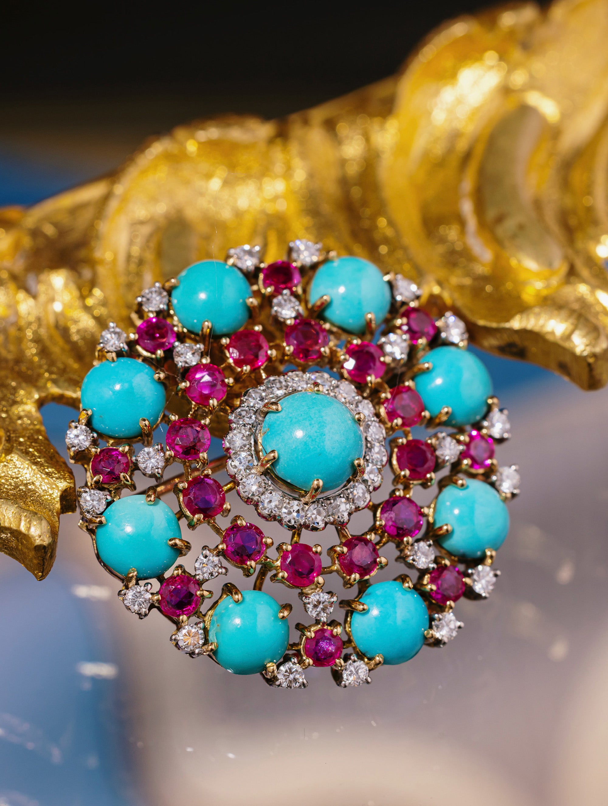 Antique Persian Turquoise, Ruby & Diamond Brooch