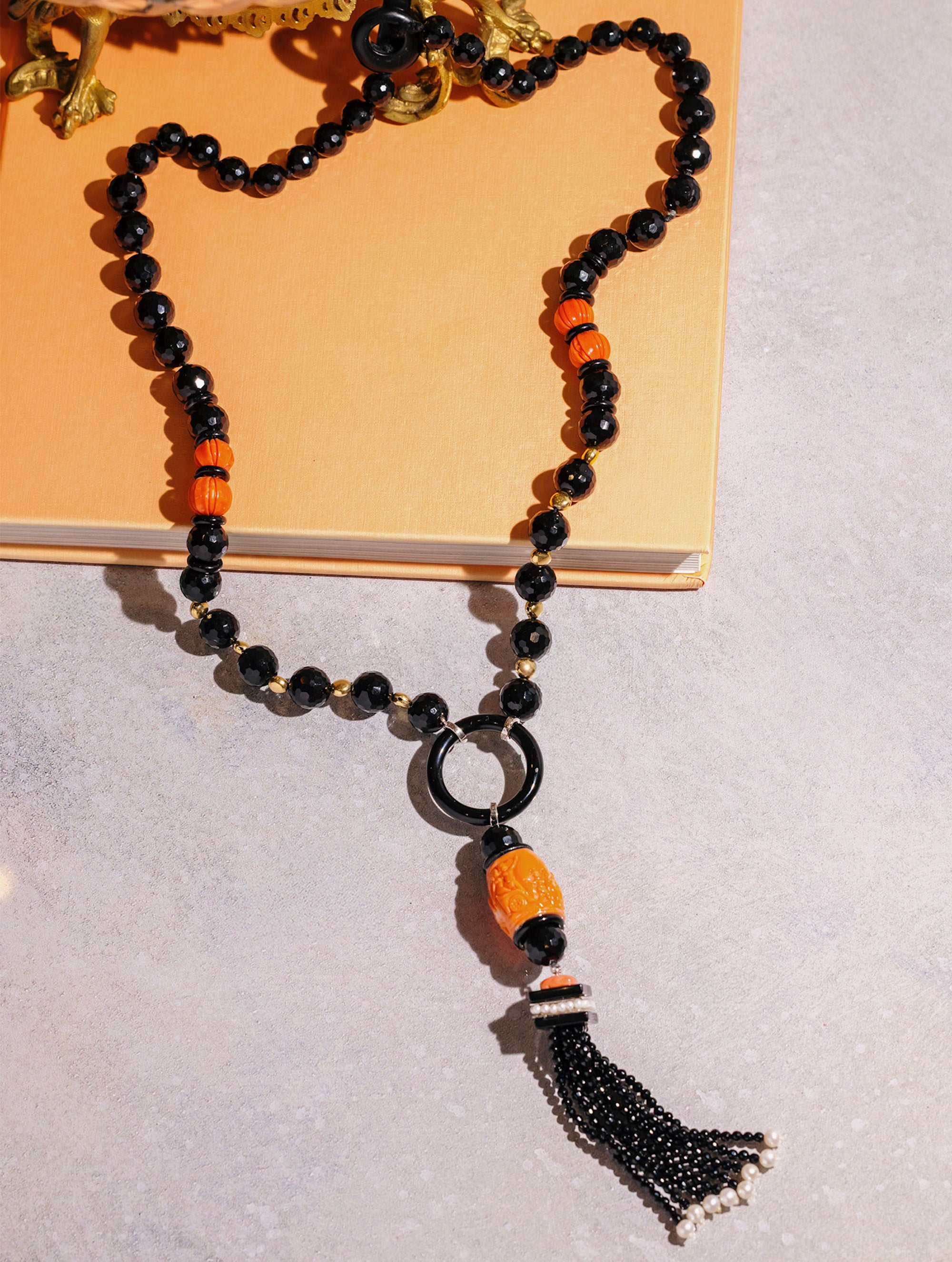 Vintage Onyx, Carved Coral, Emerald, Diamond, and Pearl Sautoir