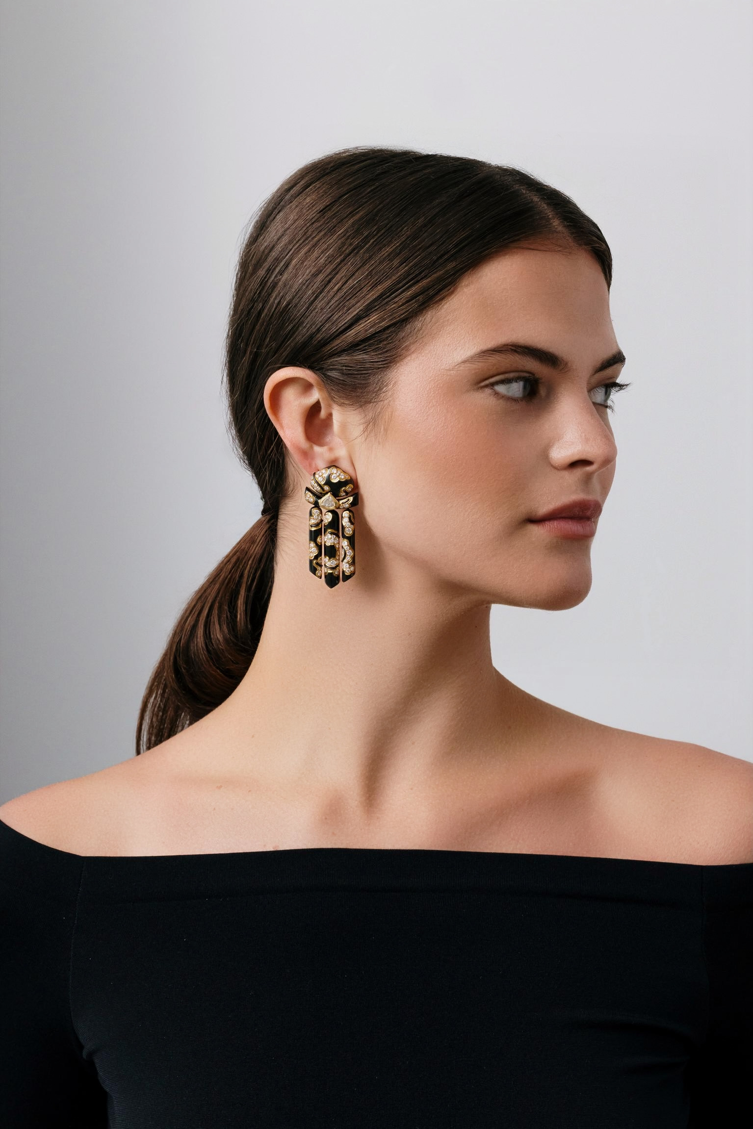 Marina B. Diamond & Blackened Gold Chandelier Earrings, Circa 1986