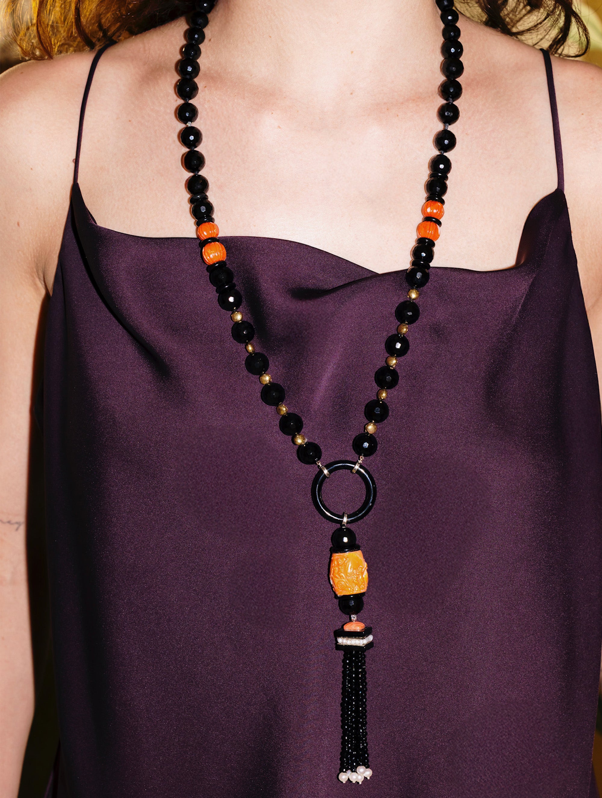 Vintage Onyx, Carved Coral, Emerald, Diamond, and Pearl Sautoir