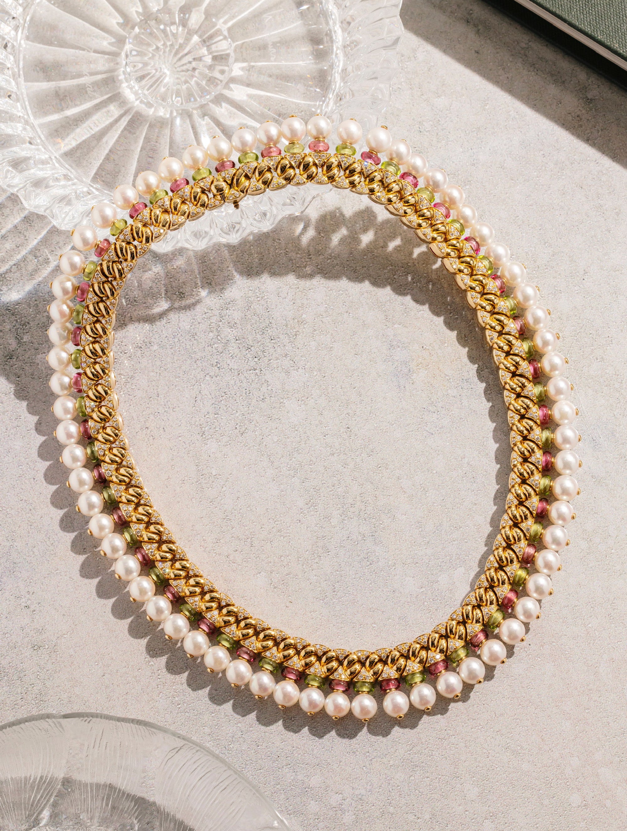 Vintage Bulgari Pearl, Diamond & Tourmaline Necklace
