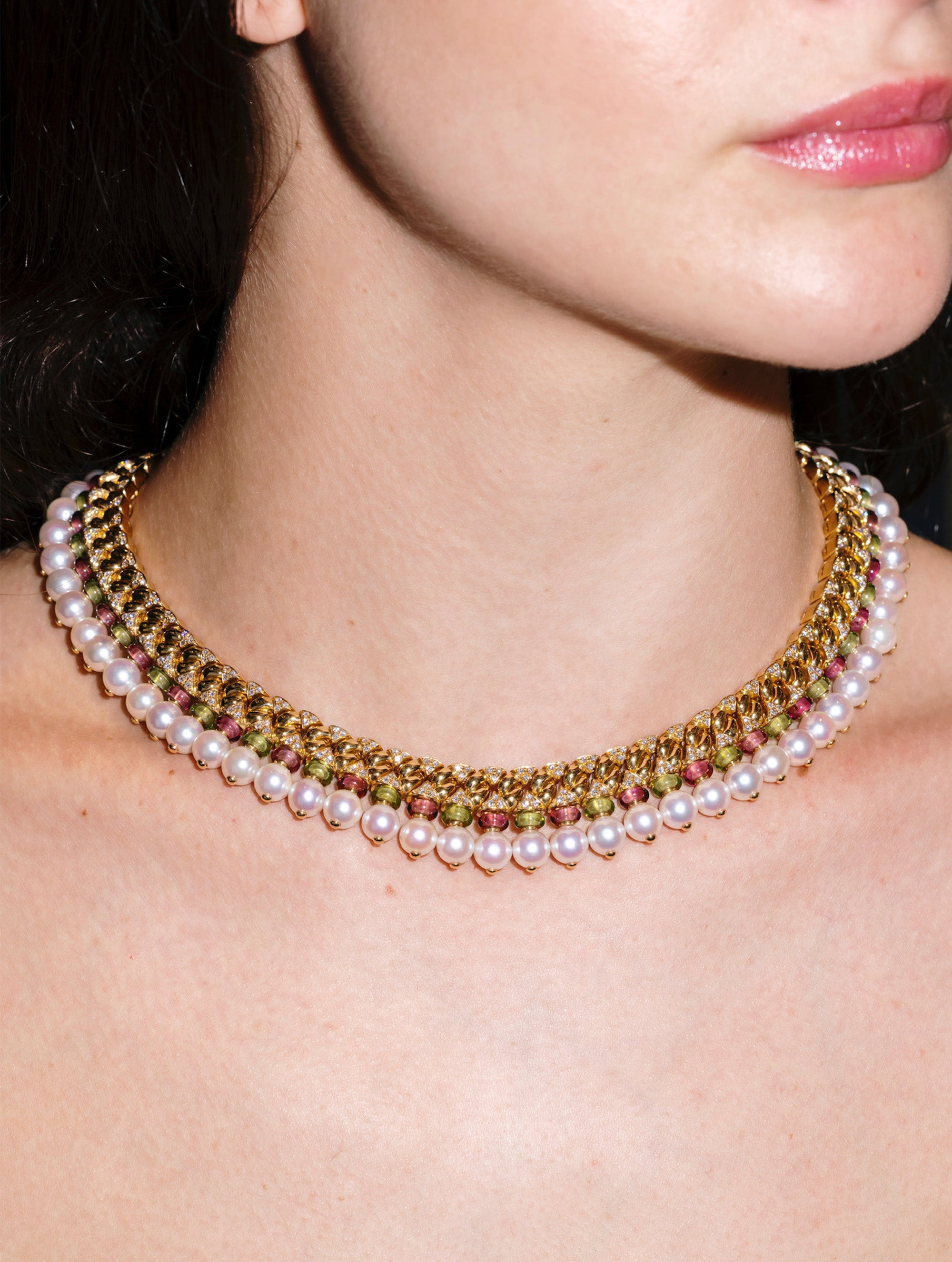 Vintage Bulgari Pearl, Diamond & Tourmaline Necklace