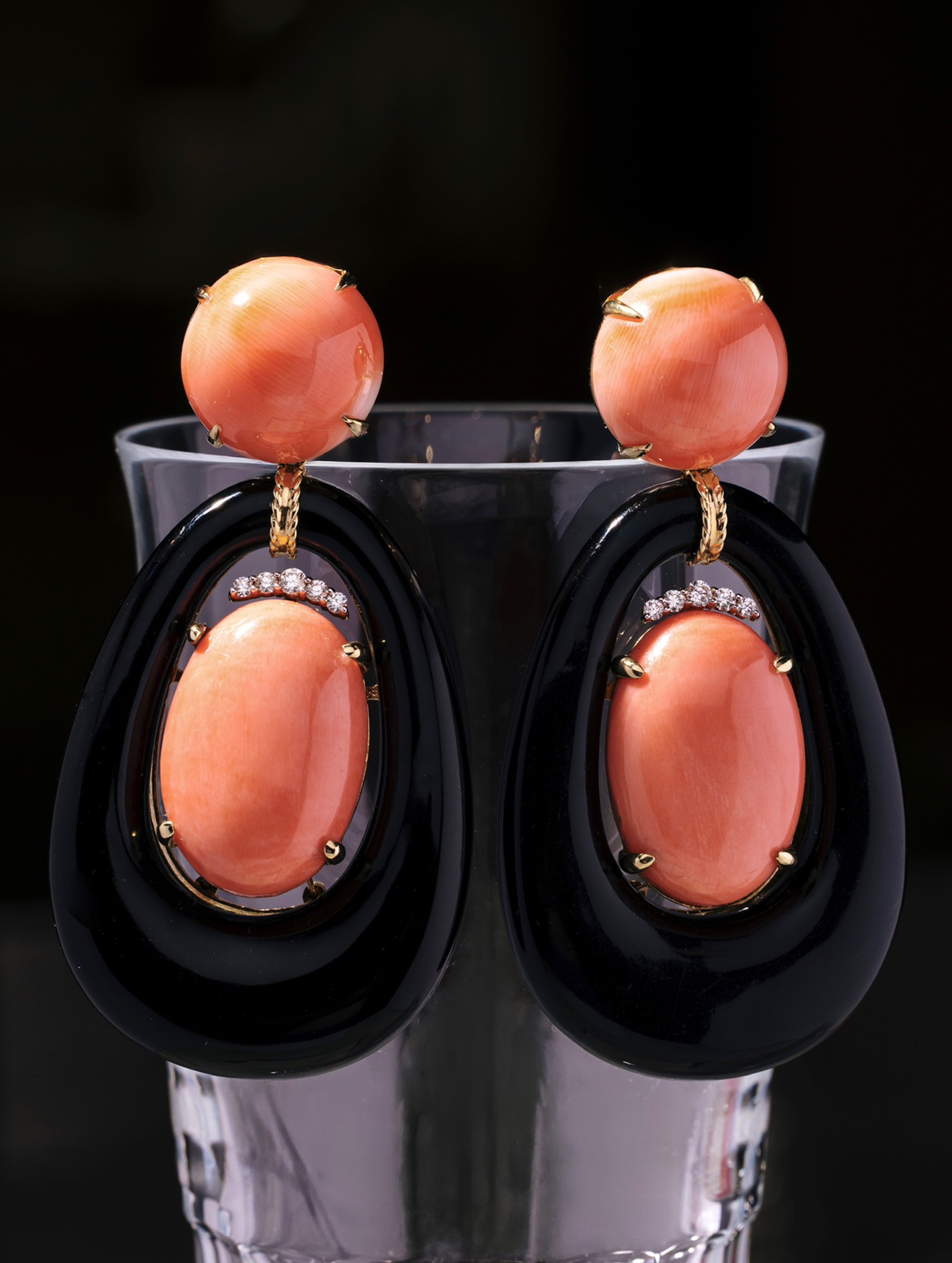 Vintage Coral, Diamond & Onyx Earrings, Circa 1970s-1980s
