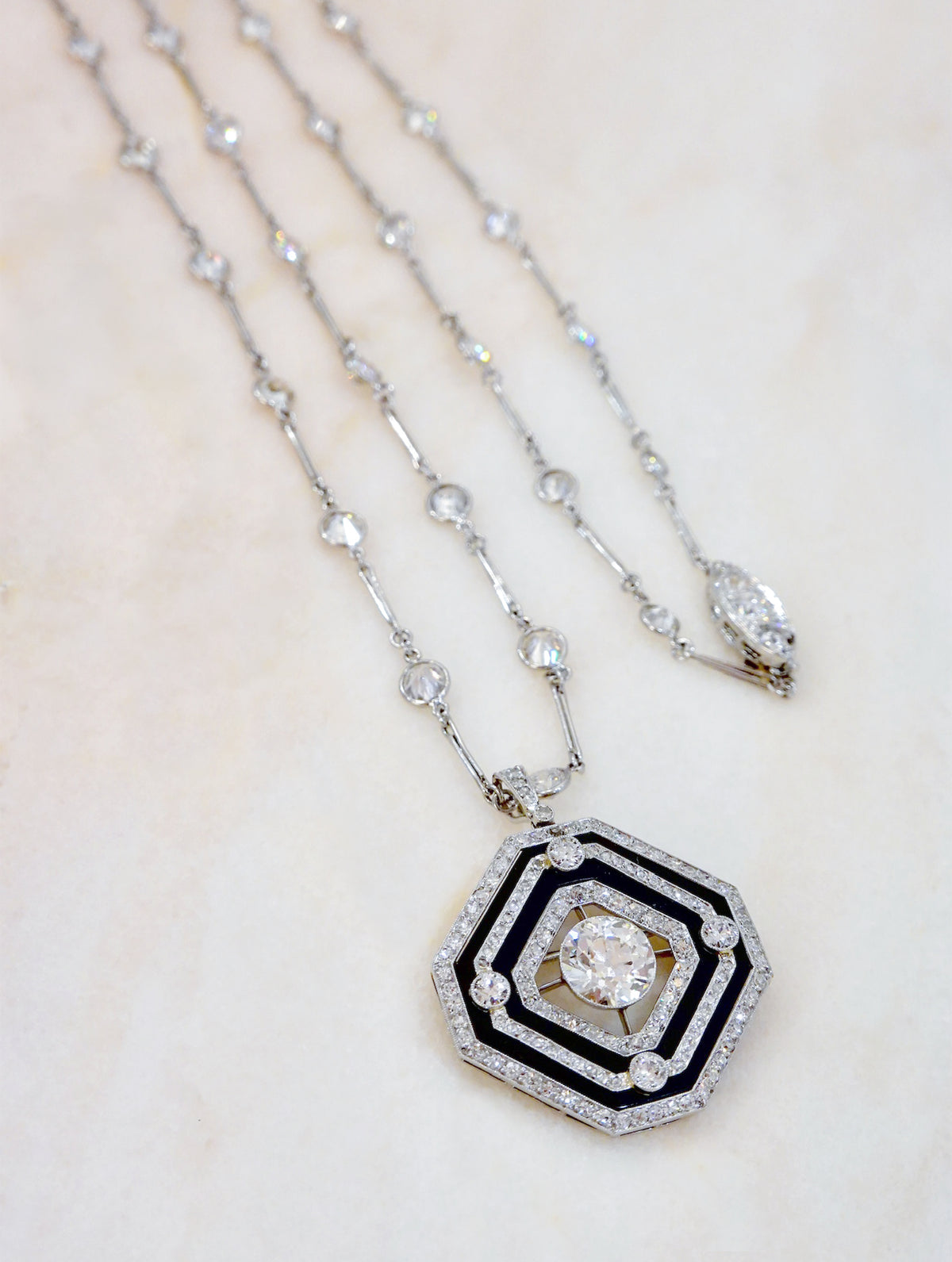 Antique Art Deco Diamond
& Onyx Labyrinth Pendant/Brooch, Circa 1920s