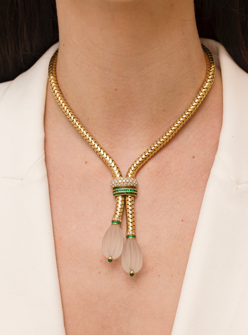 Vintage Emerald, Diamond & Rock Crystal Lariat Necklace