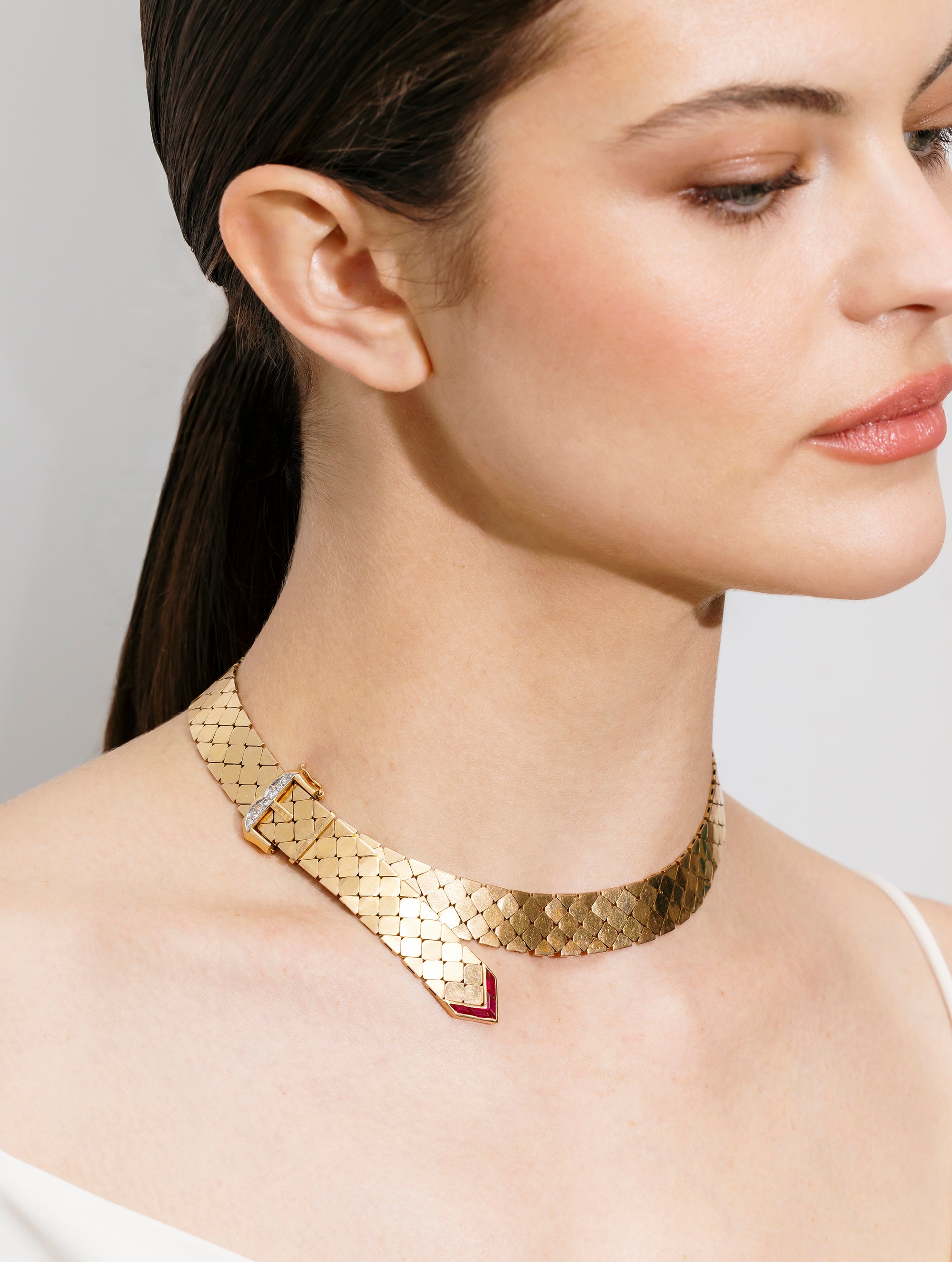 Retro Ruby & Diamond Buckle Collar, Circa 1940s