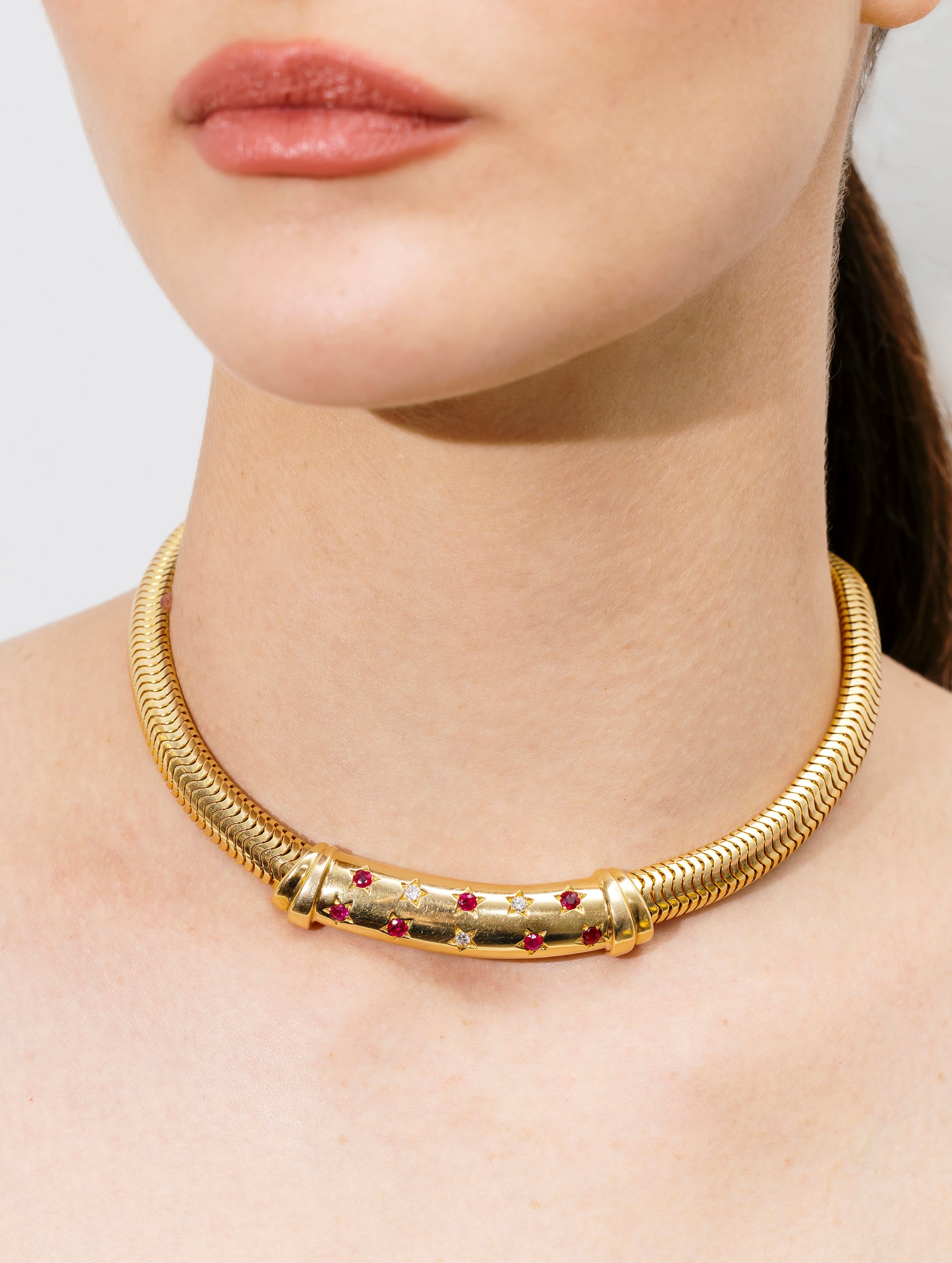 Retro Diamond & Ruby Star Tubogas Necklace, Circa 1940s