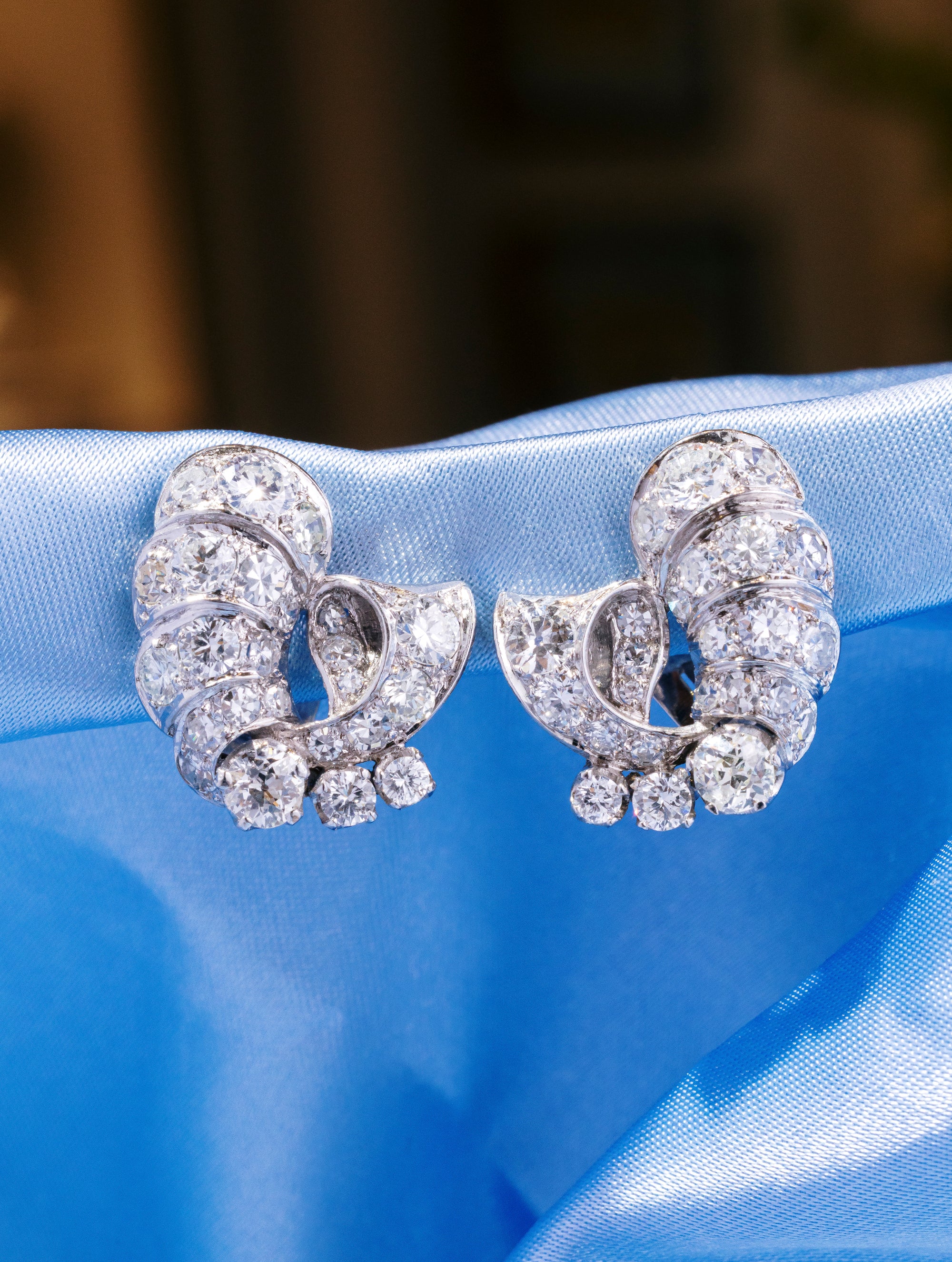 Vintage Diamond Cluster Swirl Earrings, Circa 1950s