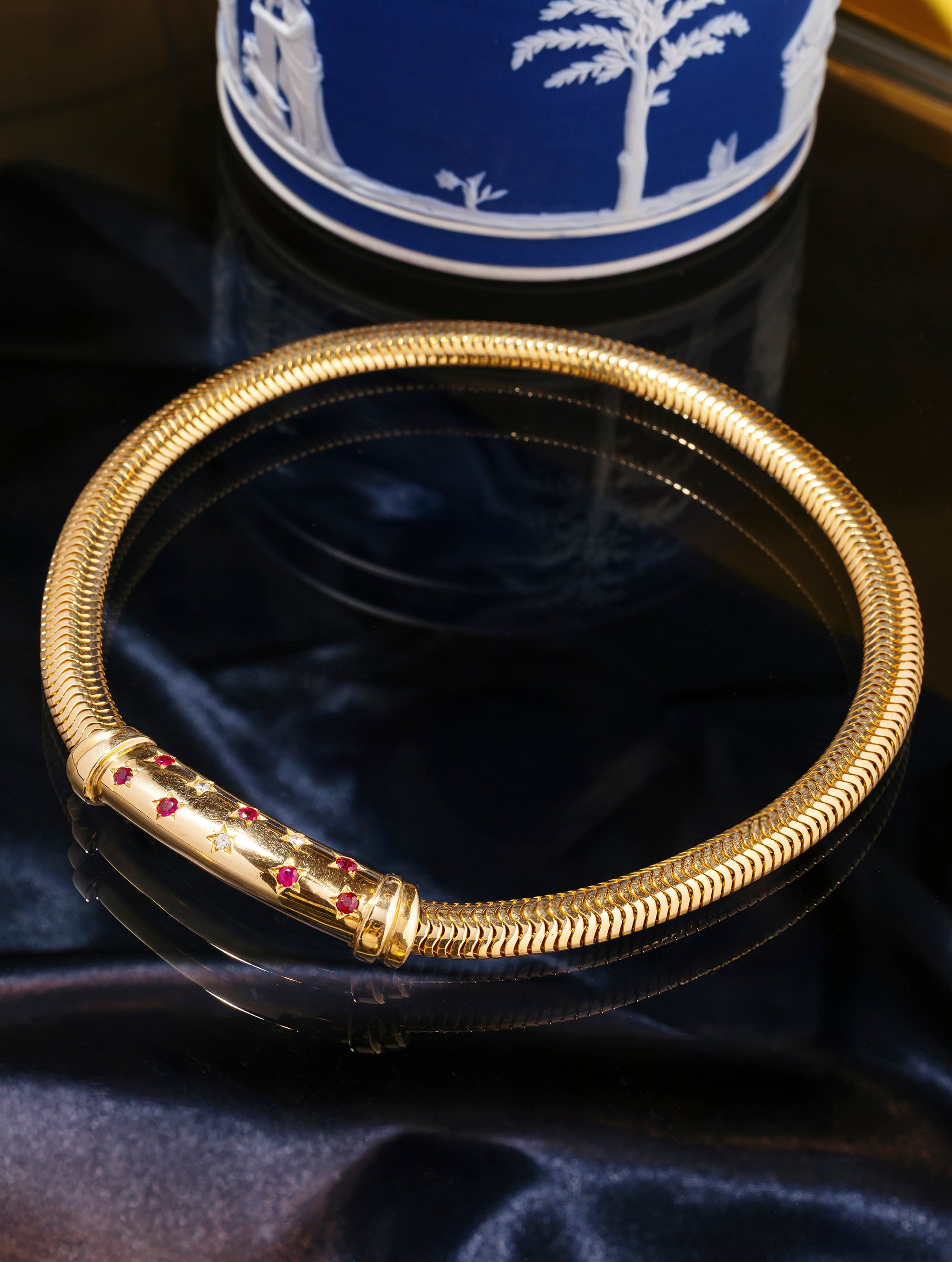 Retro Diamond & Ruby Star Tubogas Necklace, Circa 1940s