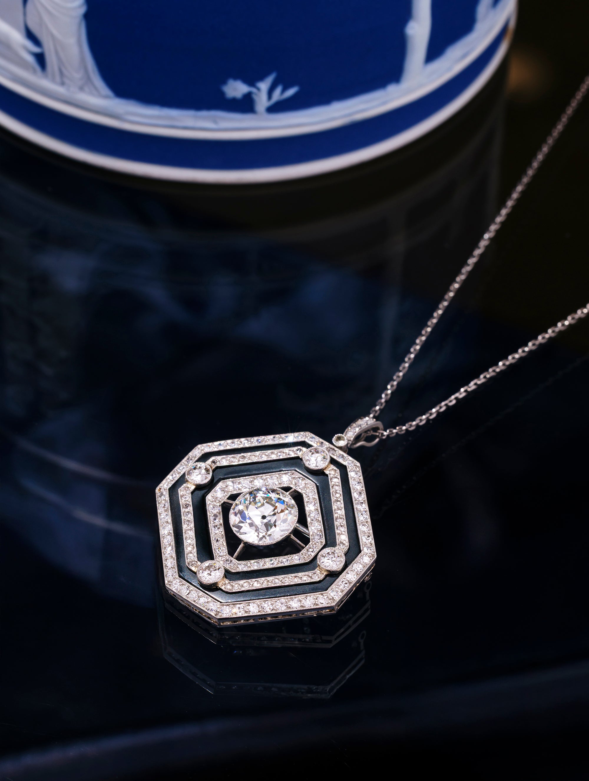 Antique Art Deco Diamond & Onyx Labyrinth Pendant/Brooch