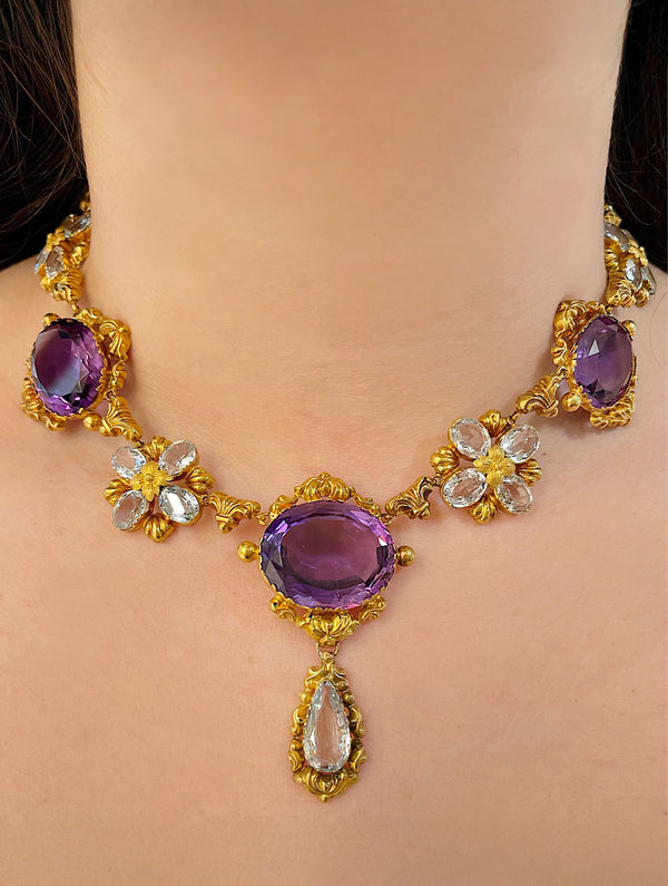 Antique Amethyst & Aquamarine Necklace and Earring Suite