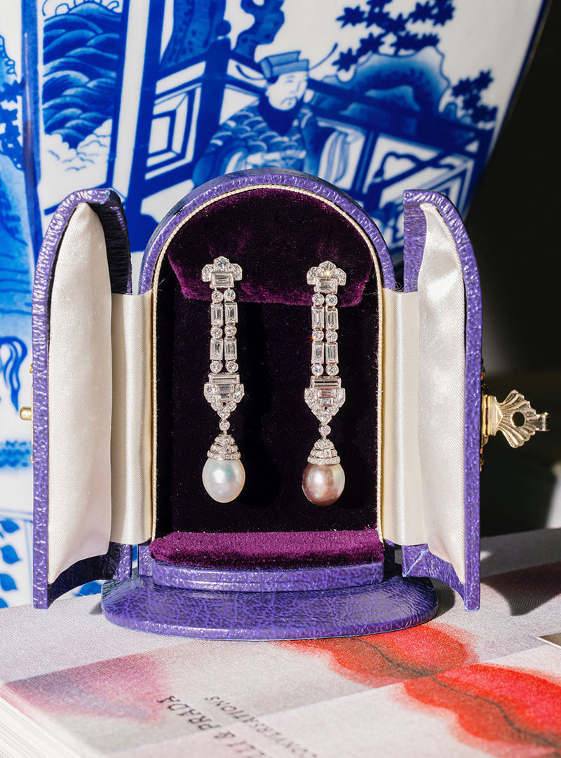 Art Deco Natural Pearl & Diamond Drop Earrings