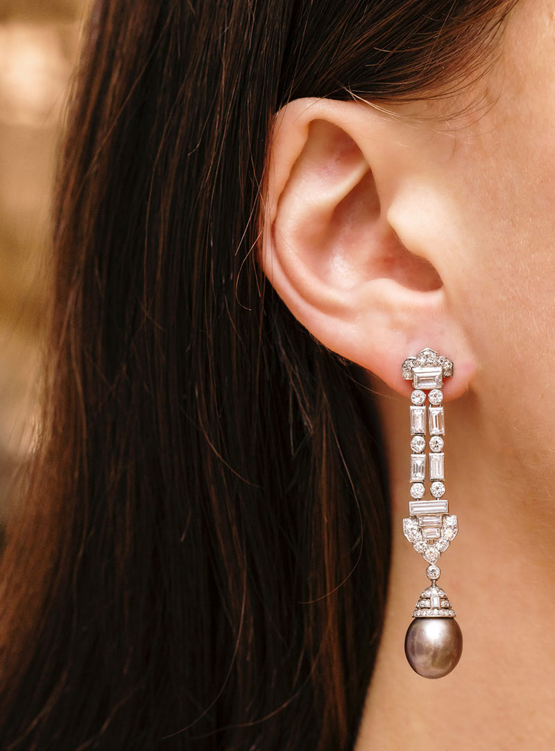 Art Deco Natural Pearl & Diamond Drop Earrings